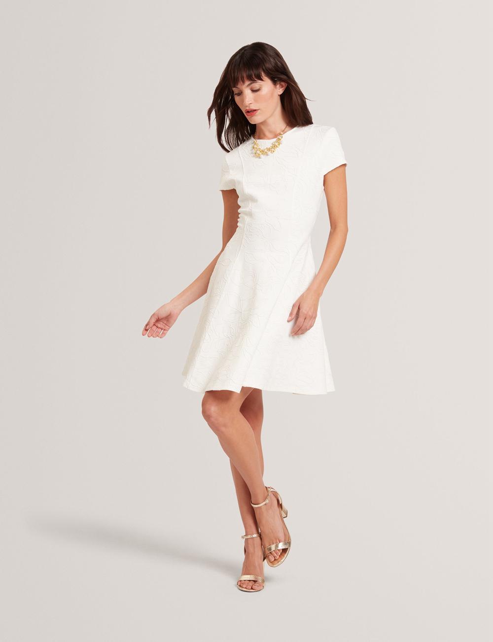 Ivory Ted Baker CLODAA - Embroidered Short Sleeve Skater Women Mini Dresses | Ireland  4352-OQUJA