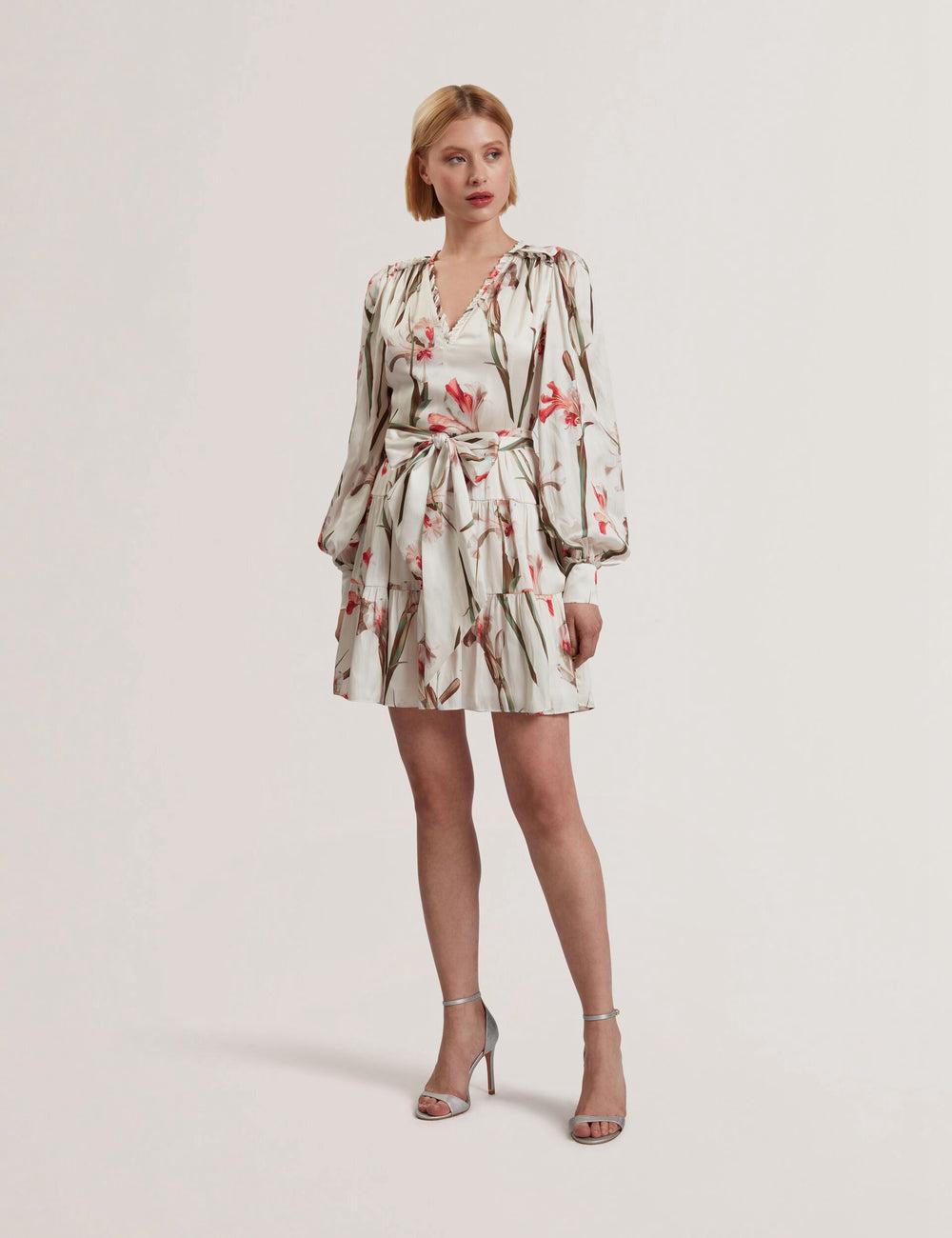 Ivory Ted Baker CUIABA - Floral V-Neck Waist Women Mini Dresses | Ireland  7095-CNTYJ
