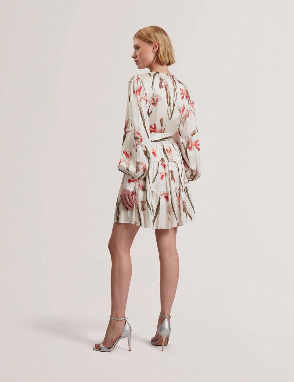 Ivory Ted Baker CUIABA - Floral V-Neck Waist Women Mini Dresses | Ireland  7095-CNTYJ