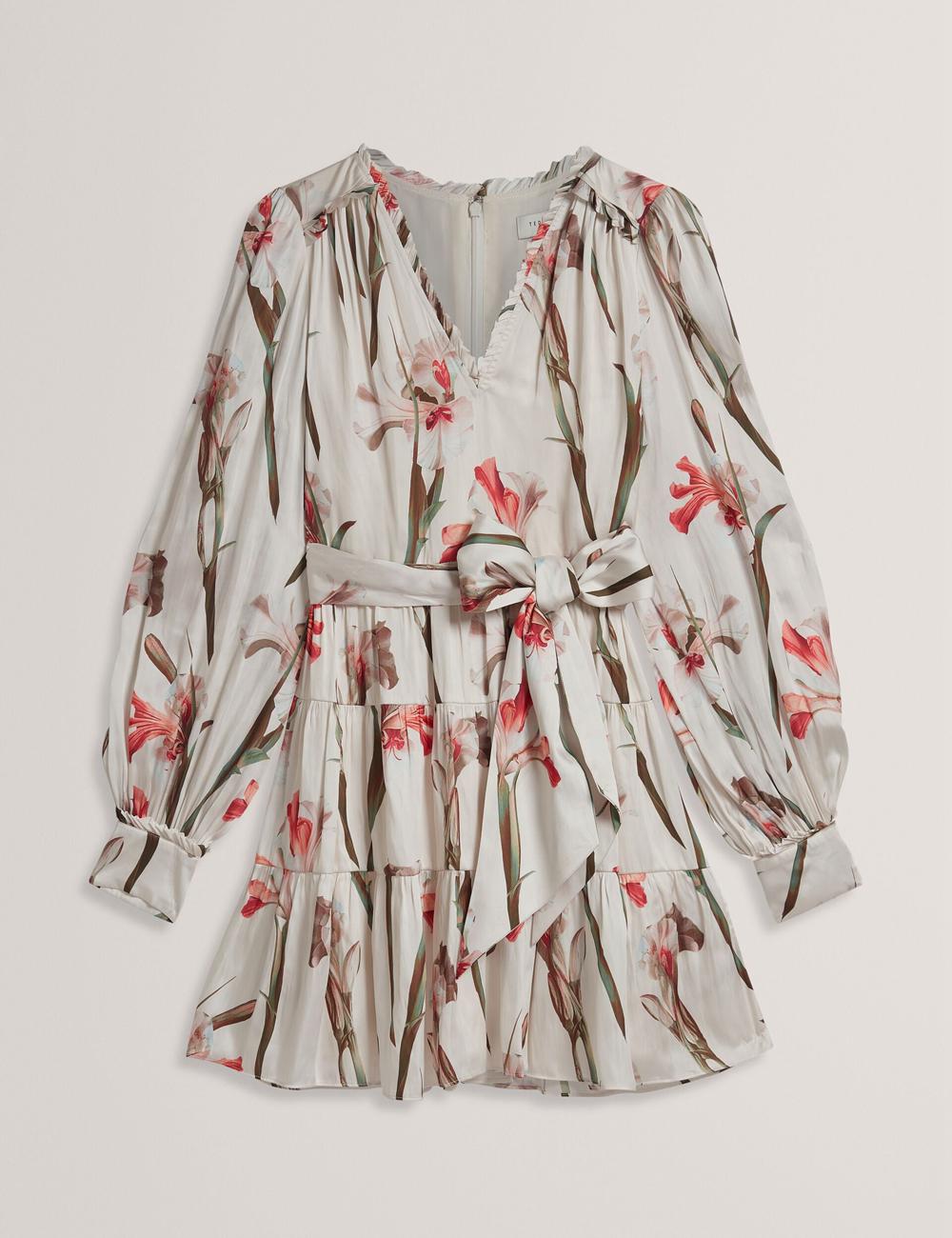 Ivory Ted Baker CUIABA - Floral V-Neck Waist Women Mini Dresses | Ireland  7095-CNTYJ