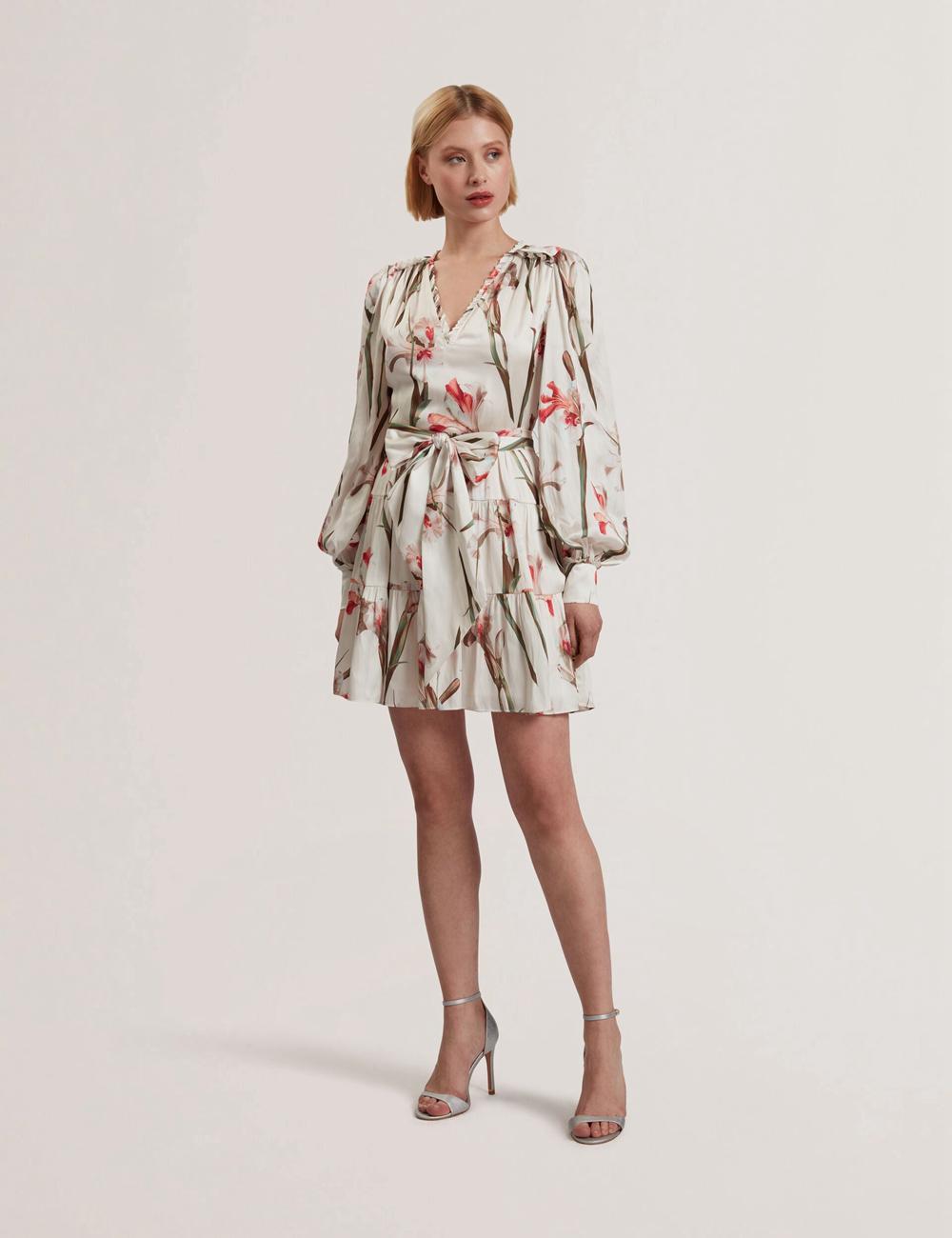 Ivory Ted Baker CUIABA - Floral V-Neck Waist Women Mini Dresses | Ireland  7095-CNTYJ