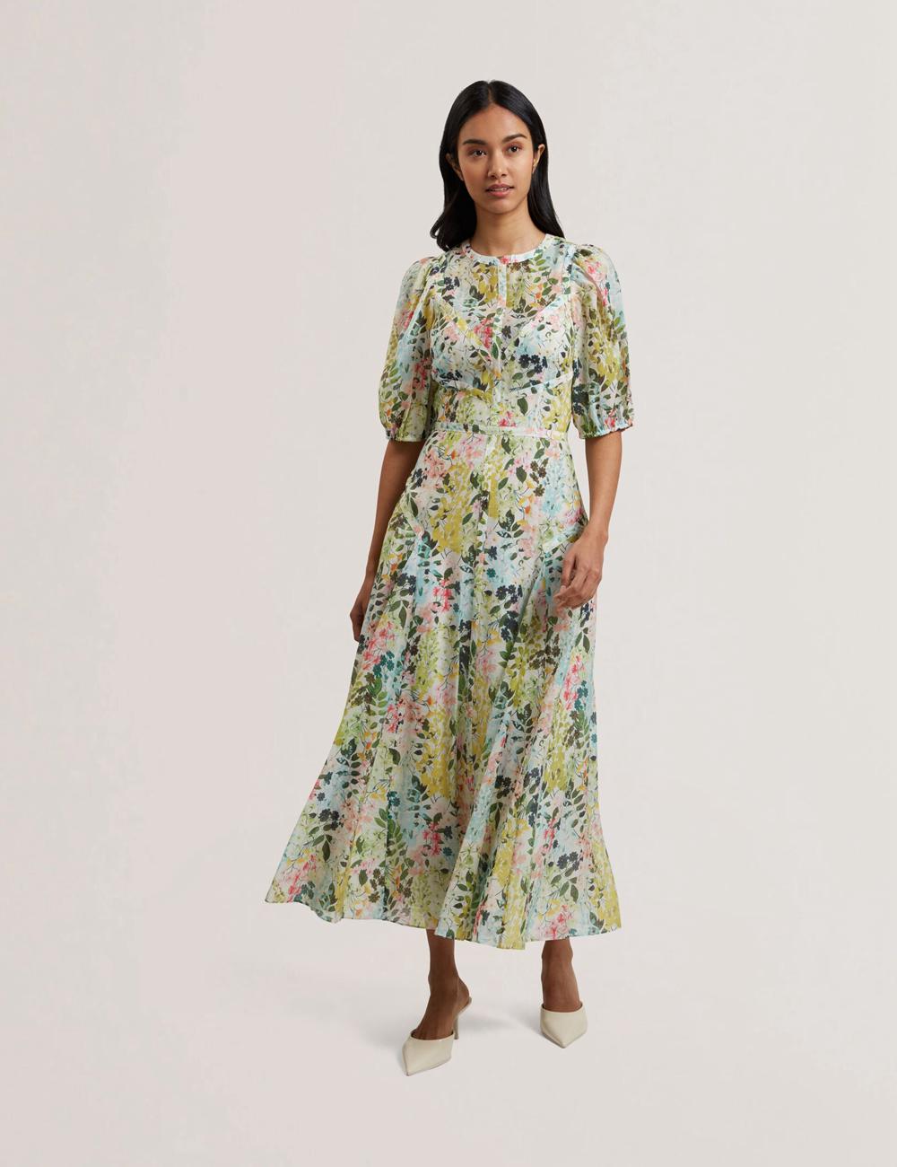 Ivory Ted Baker KANDEA - Floral Puff Sleeve A-Line Women Midi Dresses | Ireland  9835-YGLJD