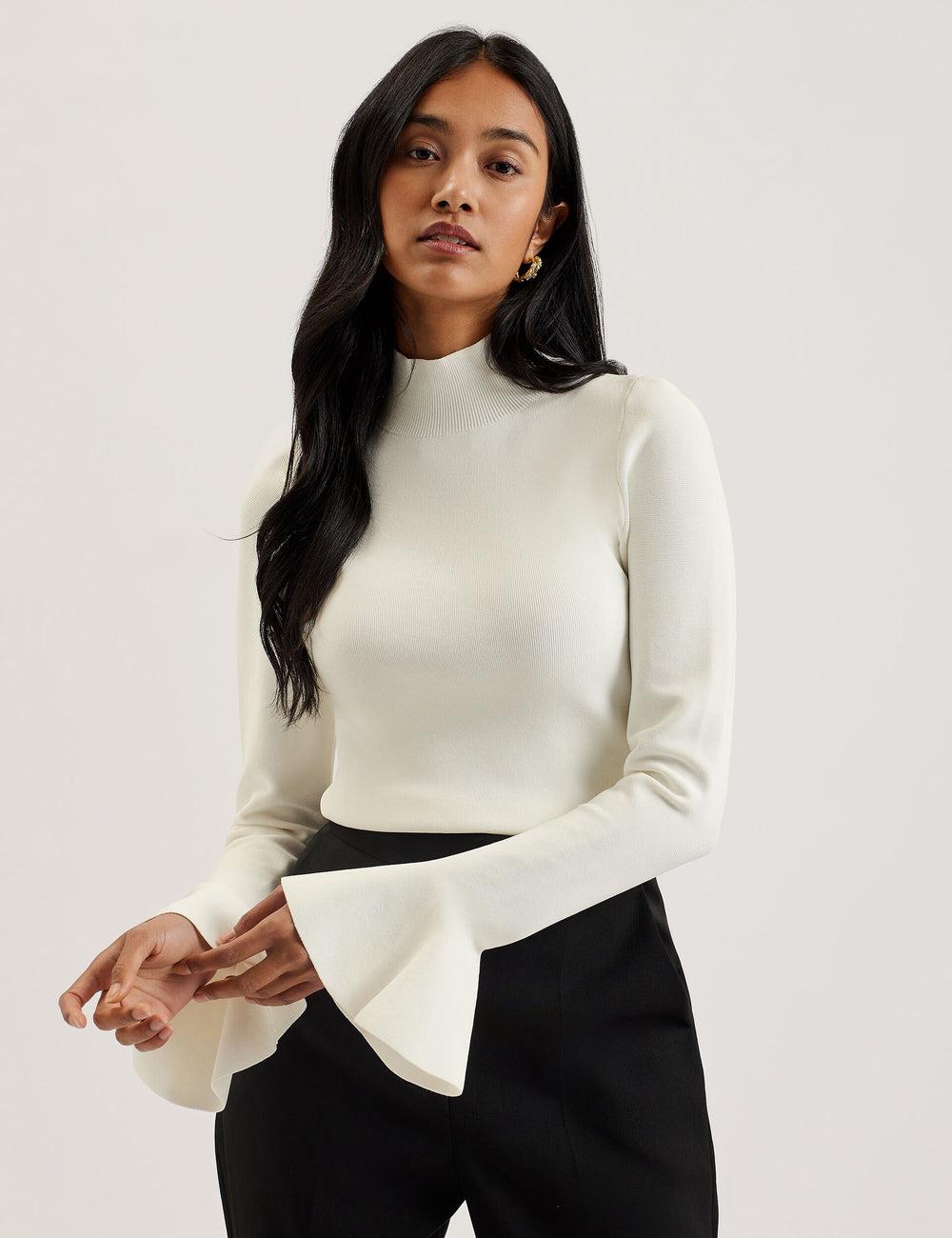 Ivory Ted Baker LAYNHA - Flared Sleeve High Neck Knitted Top Women Jumpers | Ireland  7905-GLNDA