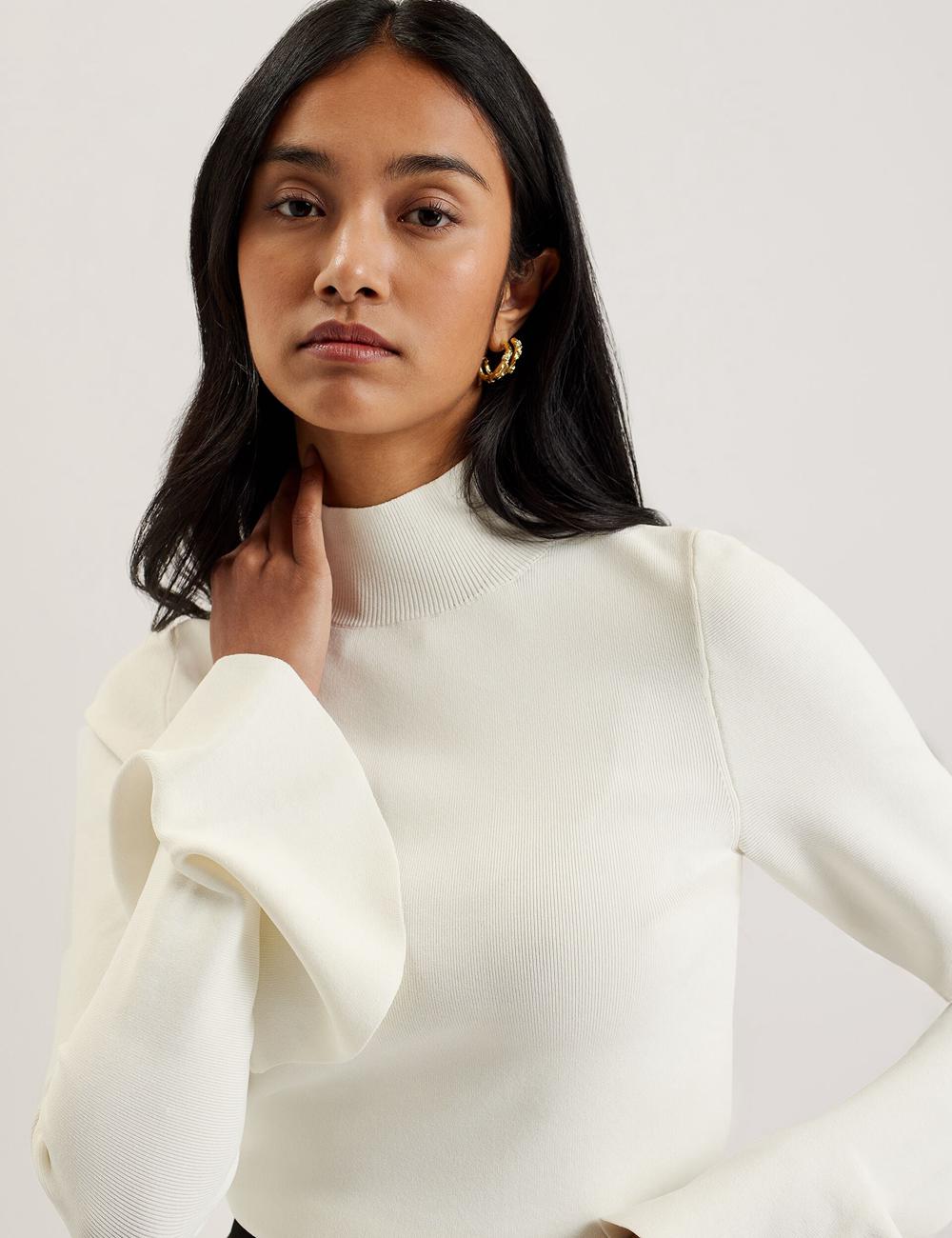 Ivory Ted Baker LAYNHA - Flared Sleeve High Neck Knitted Top Women Jumpers | Ireland  7905-GLNDA