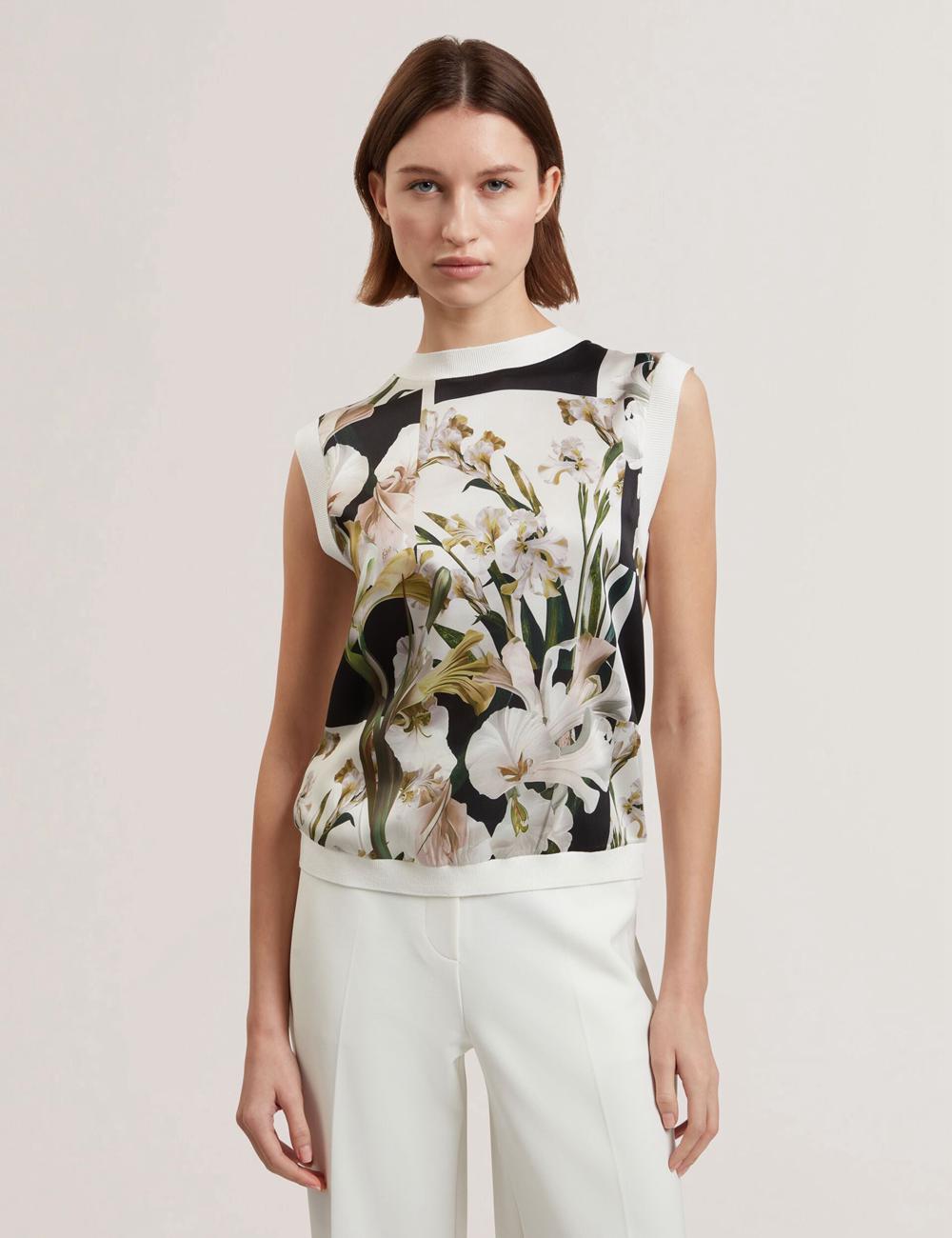 Ivory Ted Baker LIILEA - Floral Print Front Boxy Knitted Women Tops | Ireland  2108-WJCRX