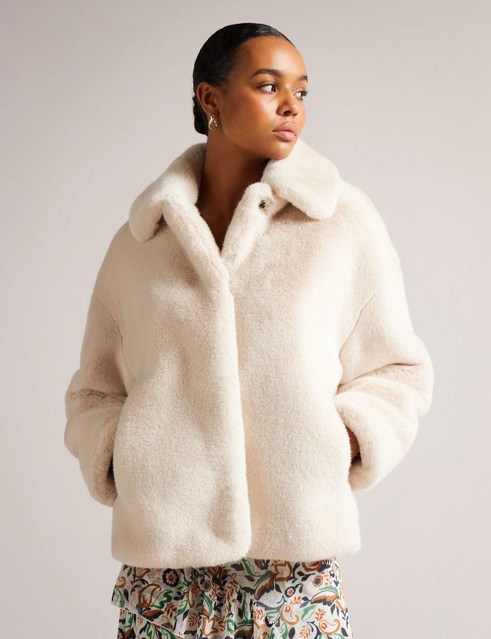 Ivory Ted Baker LILIAM - Faux Fur Collared Short Coat Women Jackets | Ireland  5739-UPRGS