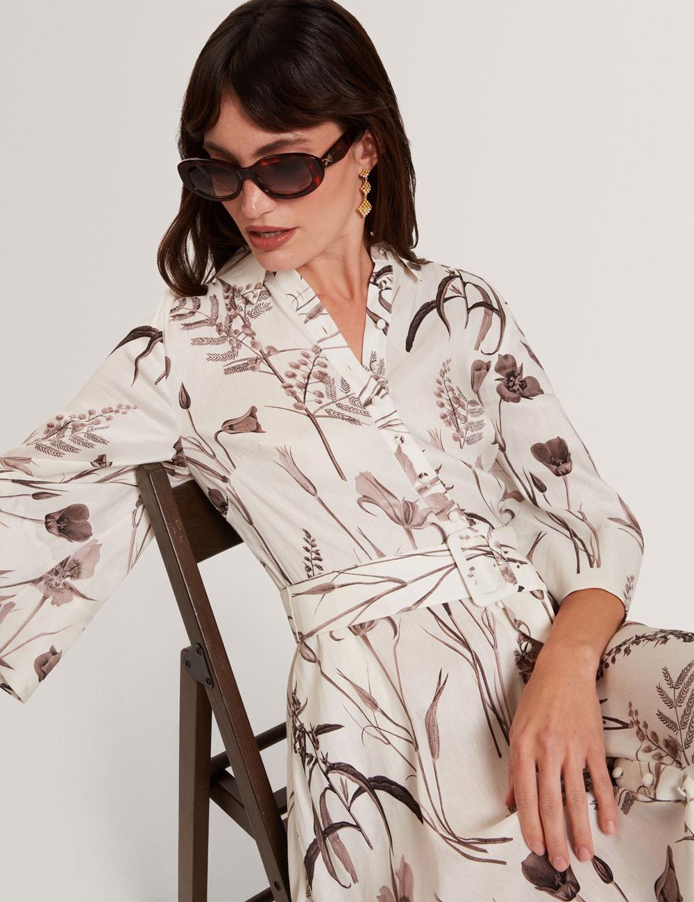 Ivory Ted Baker LUWISA - Floral Linen Silk Belted Midi Shirt Women Midi Dresses | Ireland  0839-GSZUO