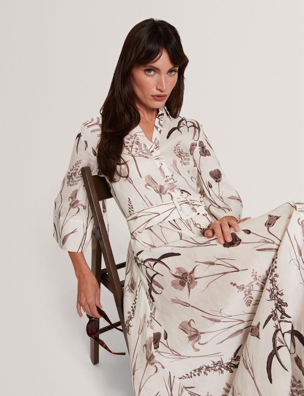 Ivory Ted Baker LUWISA - Floral Linen Silk Belted Midi Shirt Women Midi Dresses | Ireland  0839-GSZUO
