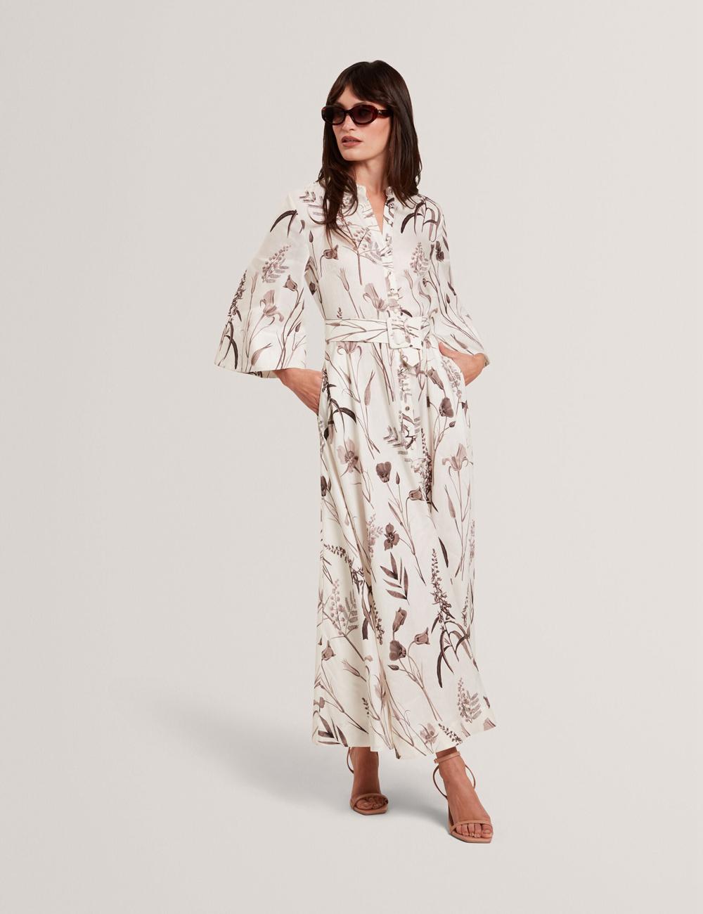 Ivory Ted Baker LUWISA - Floral Linen Silk Belted Midi Shirt Women Midi Dresses | Ireland  0839-GSZUO