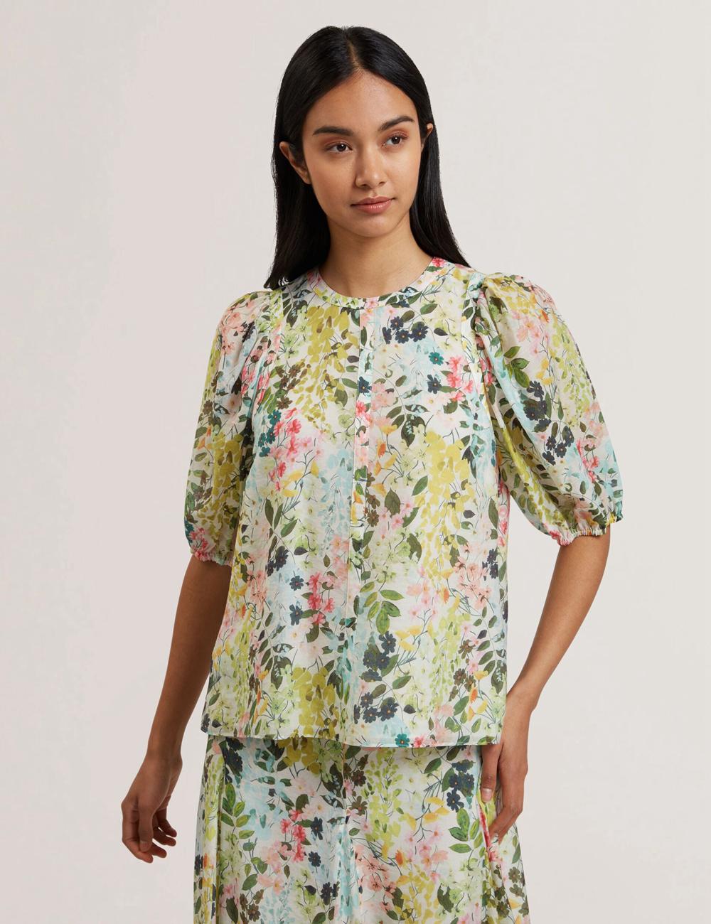 Ivory Ted Baker MICHA - Floral Binding Detail Puffed Sleeve Women Blouses | Ireland  6591-SUKXD