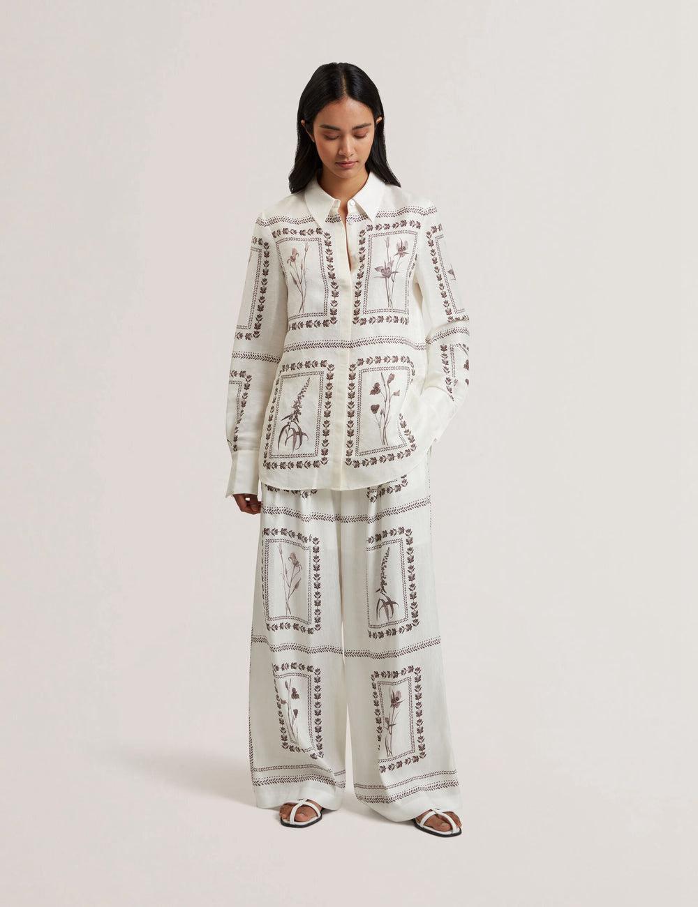 Ivory Ted Baker ORNITHA - Panel Print Silk Linen Wide Leg Women Trousers | Ireland  8109-FEQDW