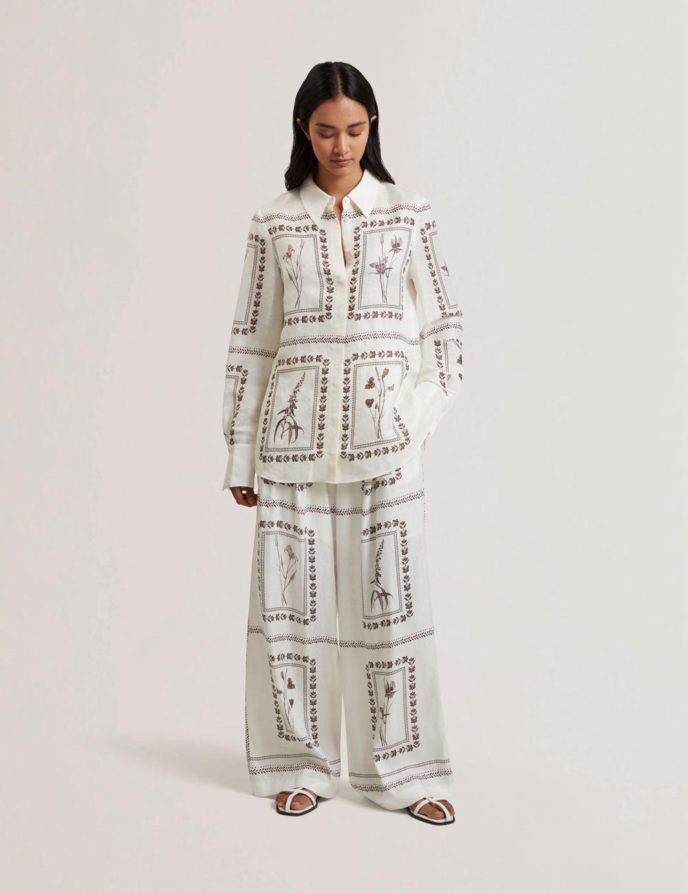 Ivory Ted Baker ORNITHA - Panel Print Silk Linen Wide Leg Women Trousers | Ireland  8109-FEQDW