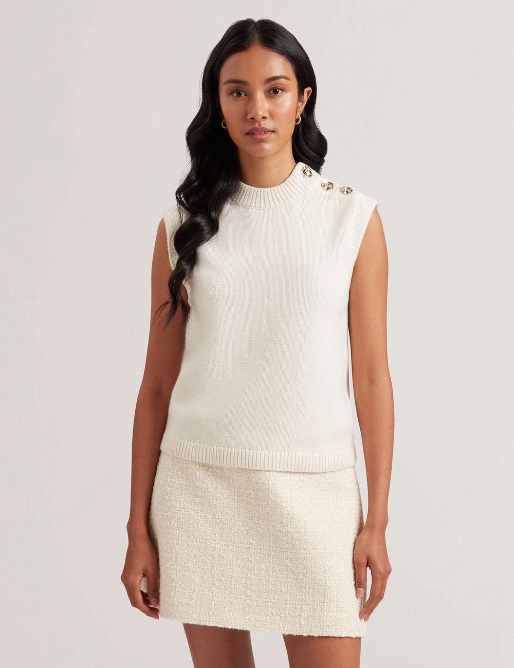 Ivory Ted Baker RONDHER - Rose Button Wool Knit Women Tank Tops | Ireland  3765-NECYL