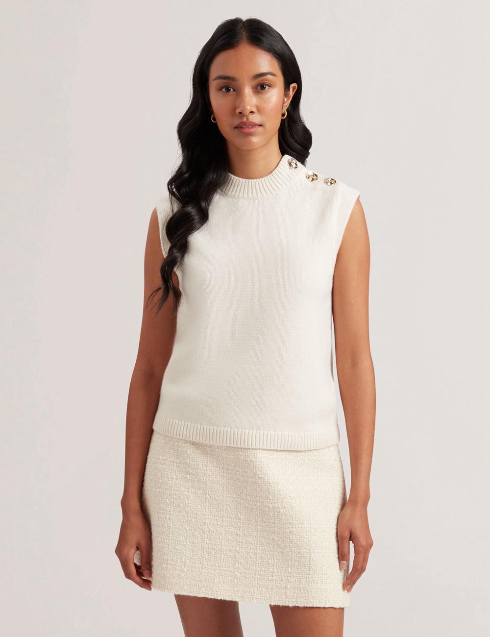 Ivory Ted Baker RONDHER - Rose Button Wool Knit Women Tank Tops | Ireland  3765-NECYL