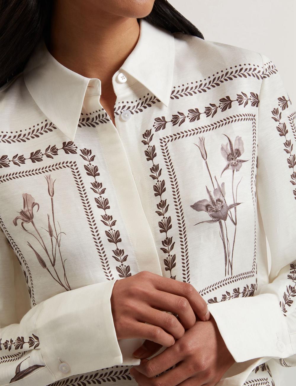 Ivory Ted Baker SIMCOA - Panel Print Silk Linen Longline Women Casual Shirts | Ireland  0561-LWBCS