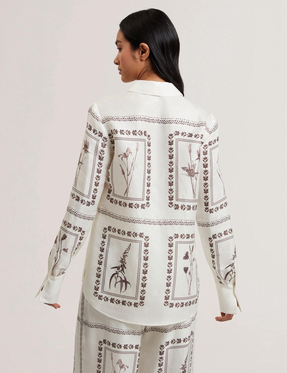 Ivory Ted Baker SIMCOA - Panel Print Silk Linen Longline Women Casual Shirts | Ireland  0561-LWBCS