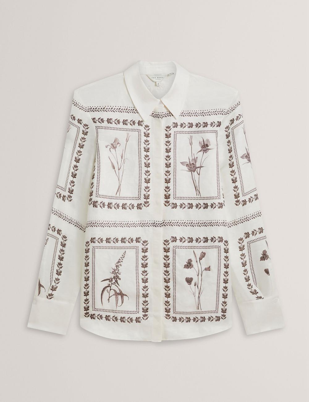 Ivory Ted Baker SIMCOA - Panel Print Silk Linen Longline Women Casual Shirts | Ireland  0561-LWBCS
