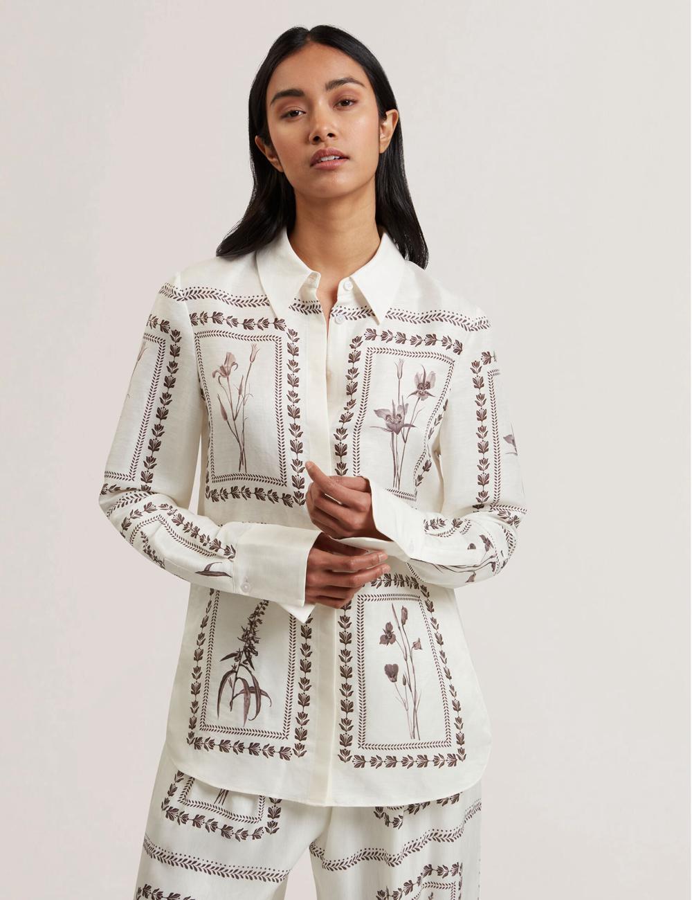 Ivory Ted Baker SIMCOA - Panel Print Silk Linen Longline Women Casual Shirts | Ireland  0561-LWBCS