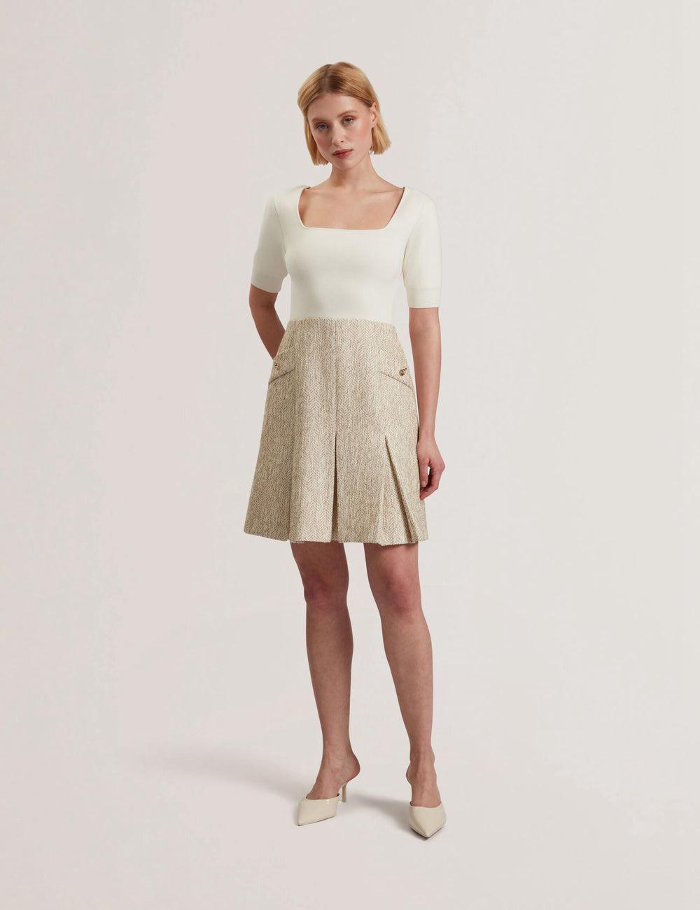 Ivory Ted Baker VULPAD - Pleated Boucle With Knit Bodice Women Mini Dresses | Ireland  8274-CJZKV
