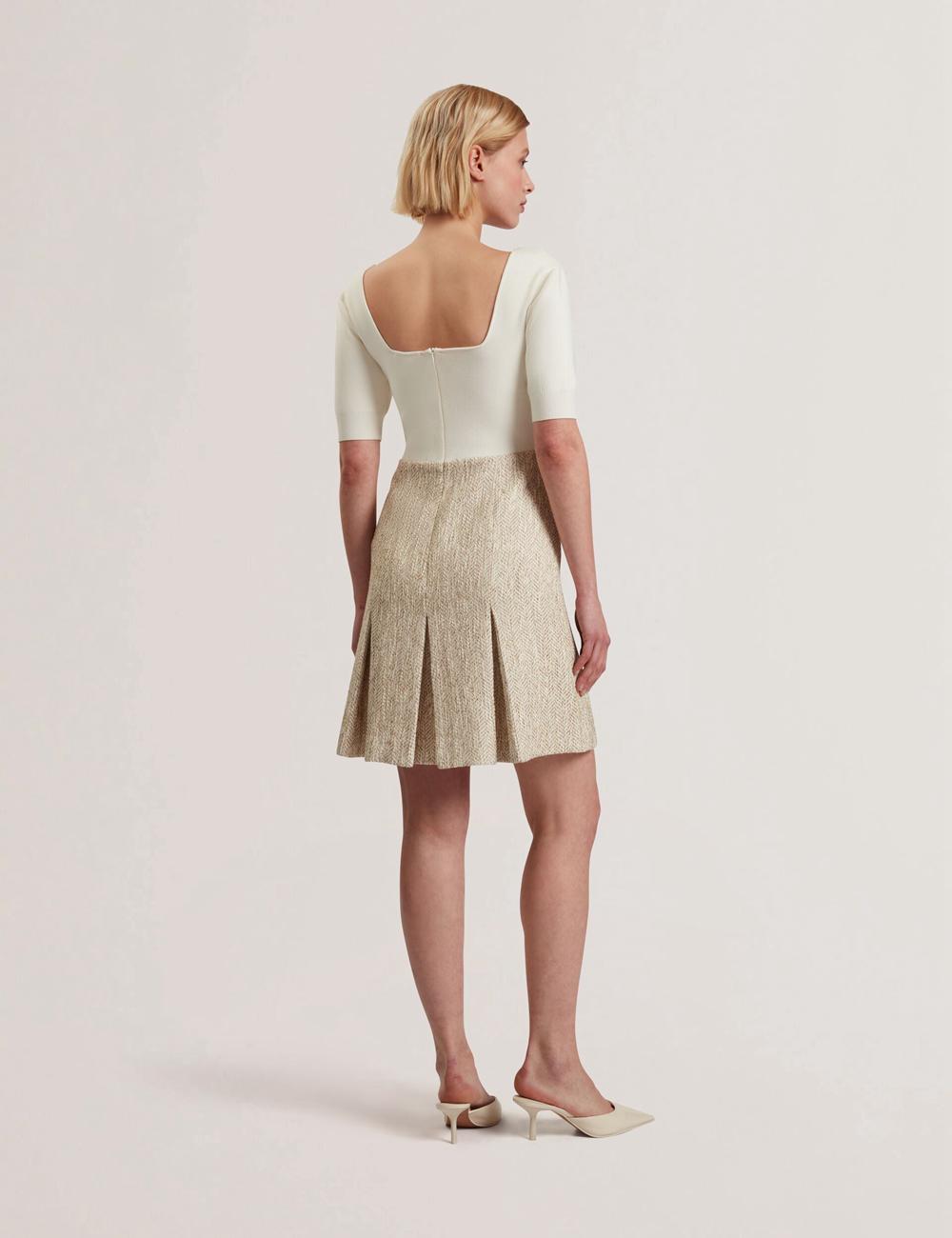 Ivory Ted Baker VULPAD - Pleated Boucle With Knit Bodice Women Mini Dresses | Ireland  8274-CJZKV