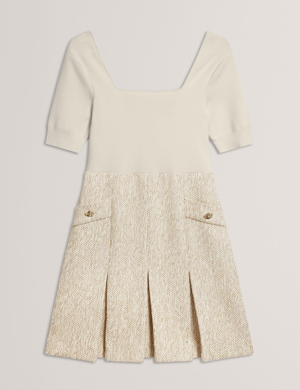 Ivory Ted Baker VULPAD - Pleated Boucle With Knit Bodice Women Mini Dresses | Ireland  8274-CJZKV