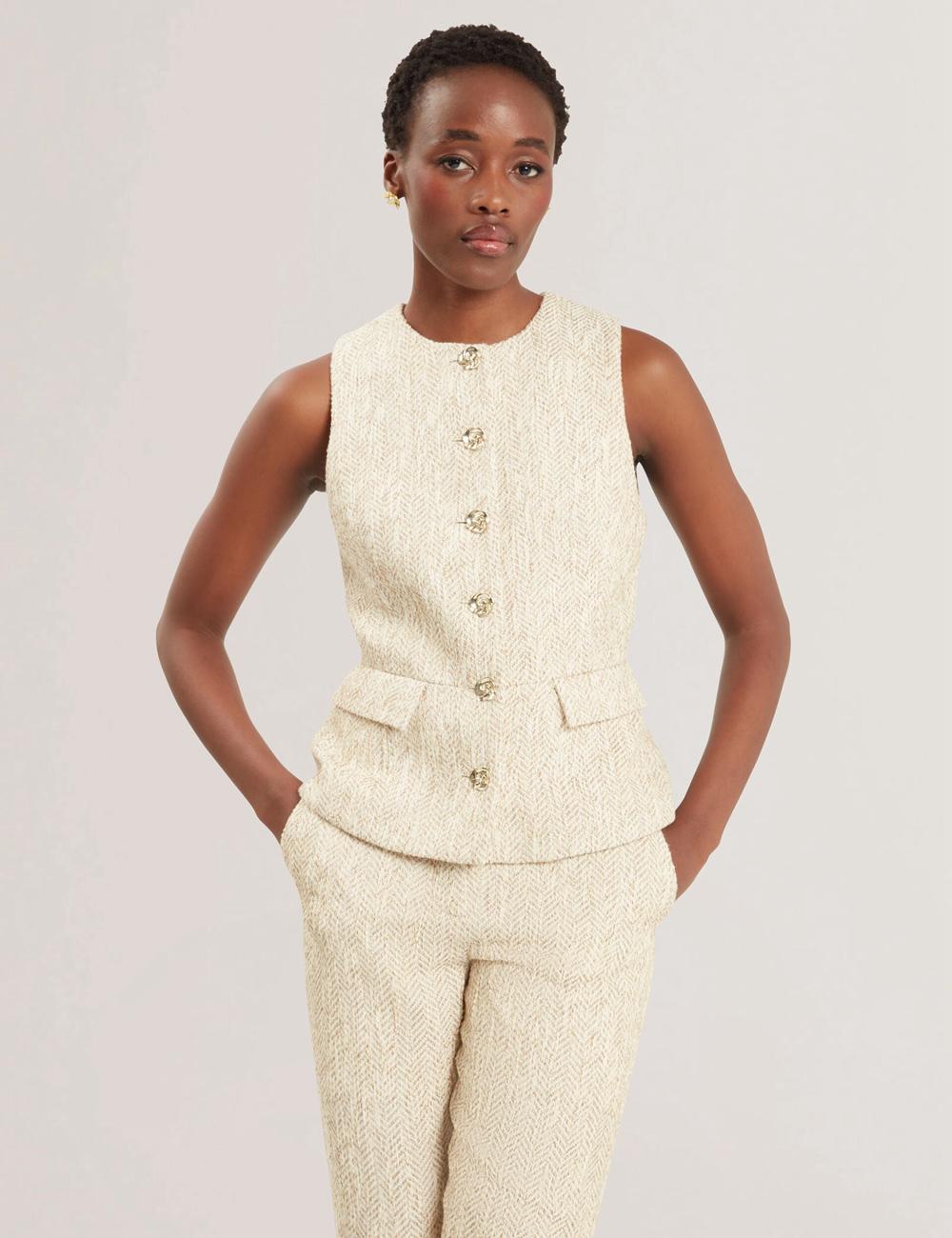 Ivory Ted Baker VULPAT - Boucle Herringbone Wide Leg Tailored Women Trousers | Ireland  4725-NBQWE