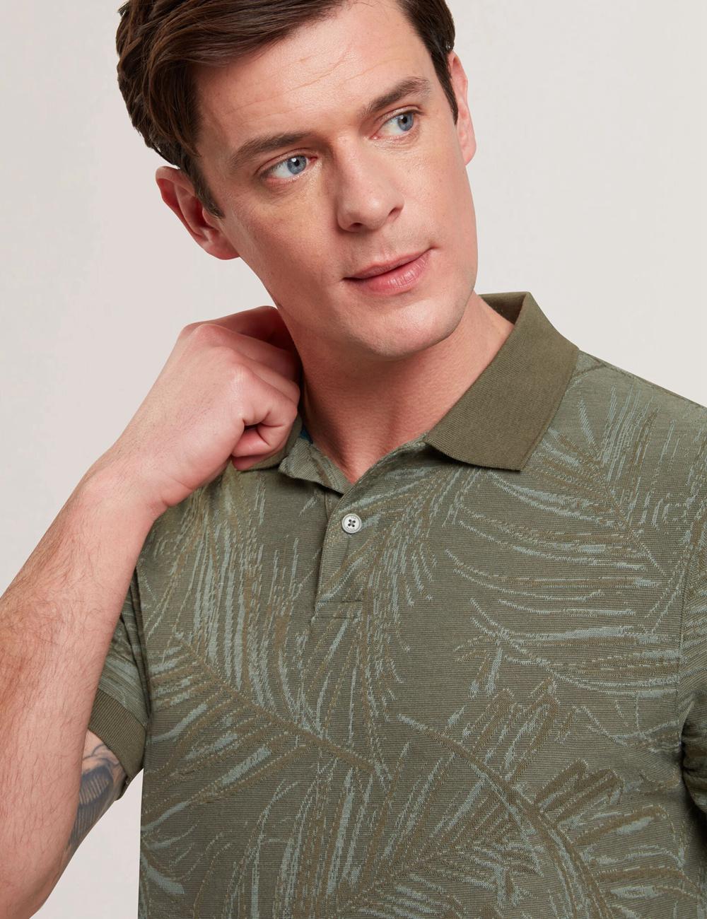 Khaki Ted Baker EDWINE - Leaf Print Short Sleeve Men Polos Shirts | Ireland  3872-NIDGE