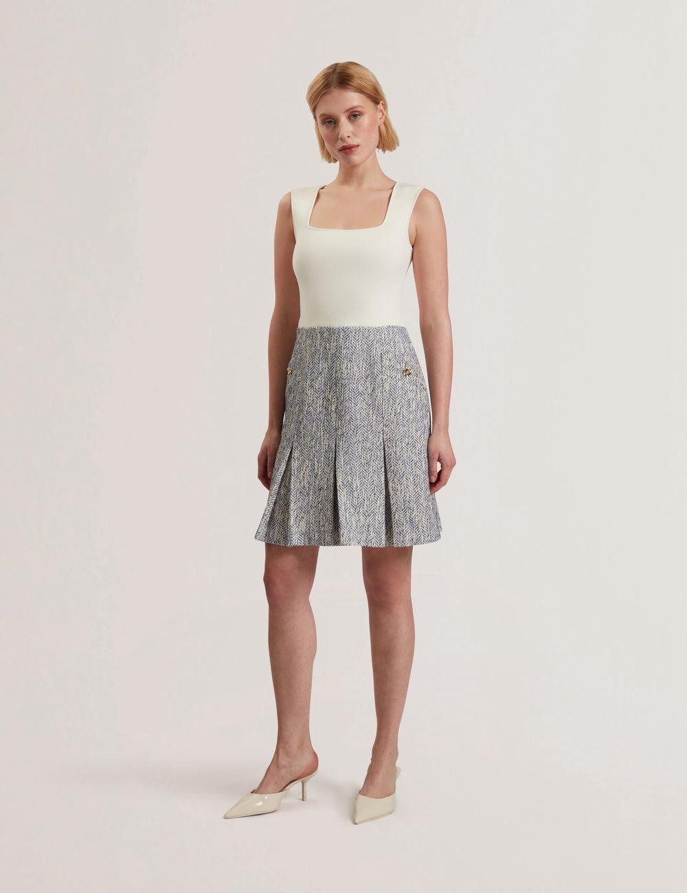 Lt-Blue Ted Baker VULPAM - Sleeveless Knit Bodice Boucle Women Mini Dresses | Ireland  7429-BEKGD