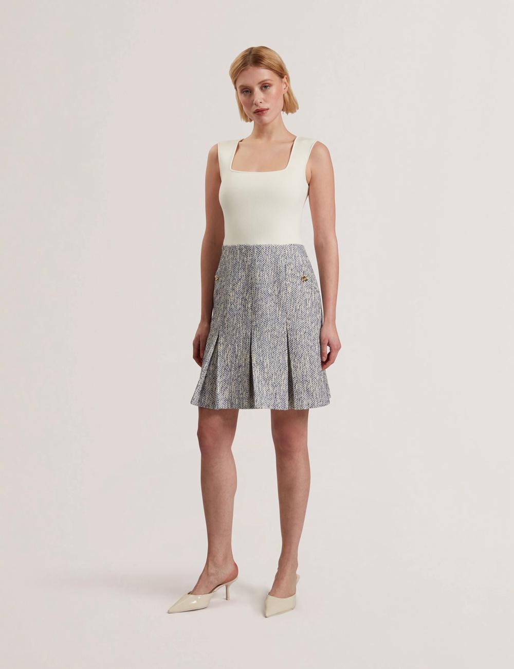 Lt-Blue Ted Baker VULPAM - Sleeveless Knit Bodice Boucle Women Mini Dresses | Ireland  7429-BEKGD