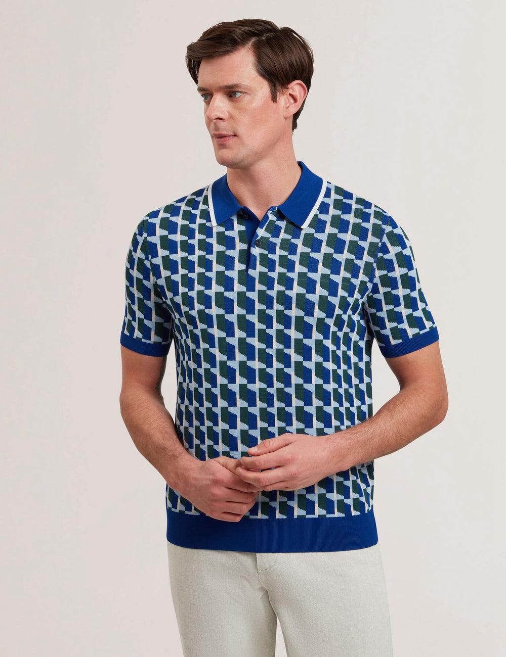 Lt-Navy Ted Baker ROSSIO - Geometric Knitted Short Sleeve Men Polos Shirts | Ireland  8613-KNSUR