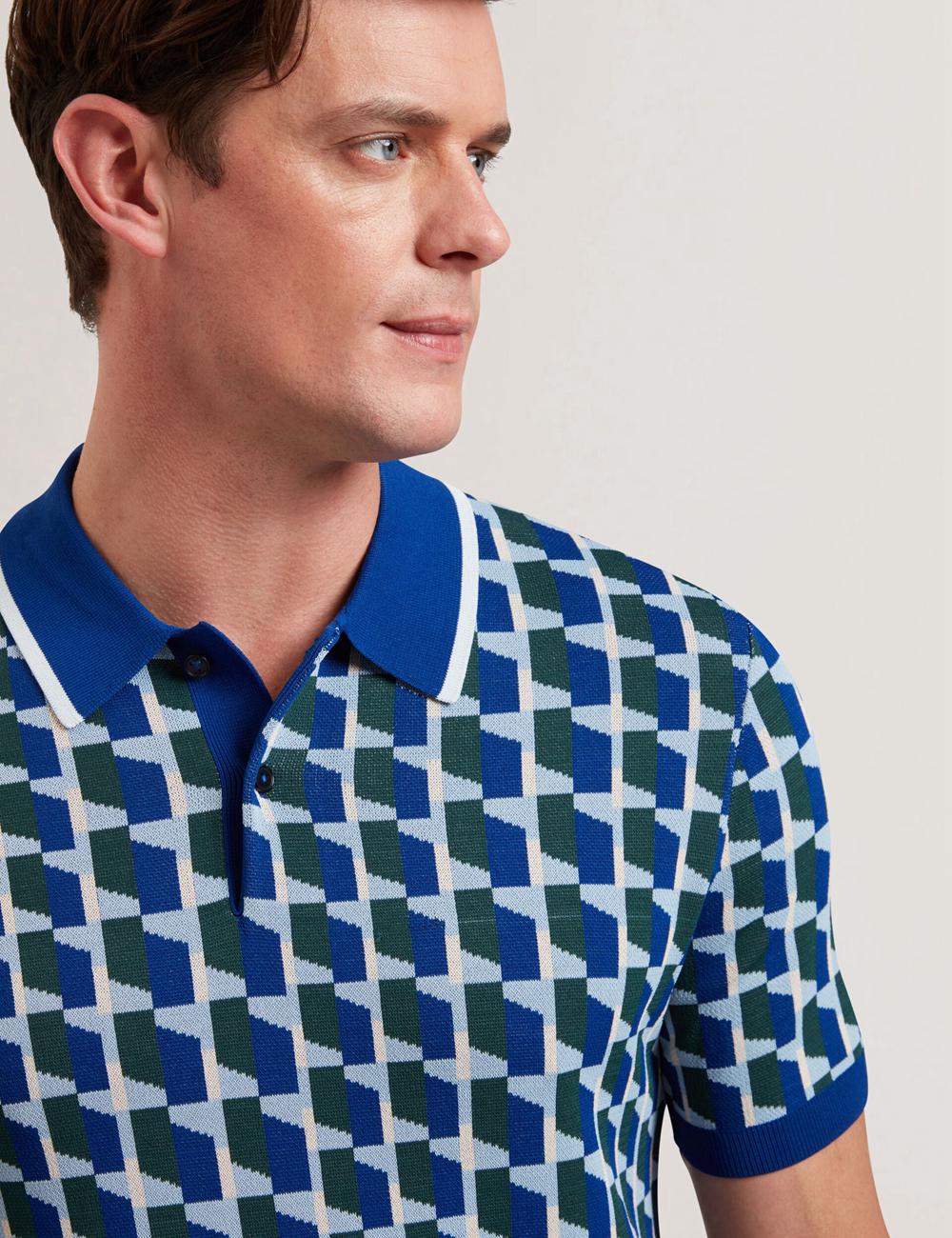 Lt-Navy Ted Baker ROSSIO - Geometric Knitted Short Sleeve Men Polos Shirts | Ireland  8613-KNSUR