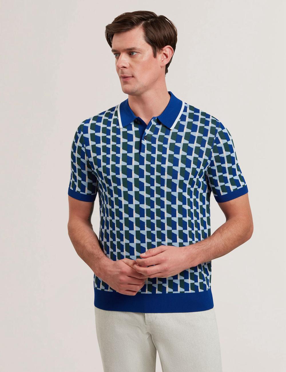 Lt-Navy Ted Baker ROSSIO - Geometric Knitted Short Sleeve Men Polos Shirts | Ireland  8613-KNSUR
