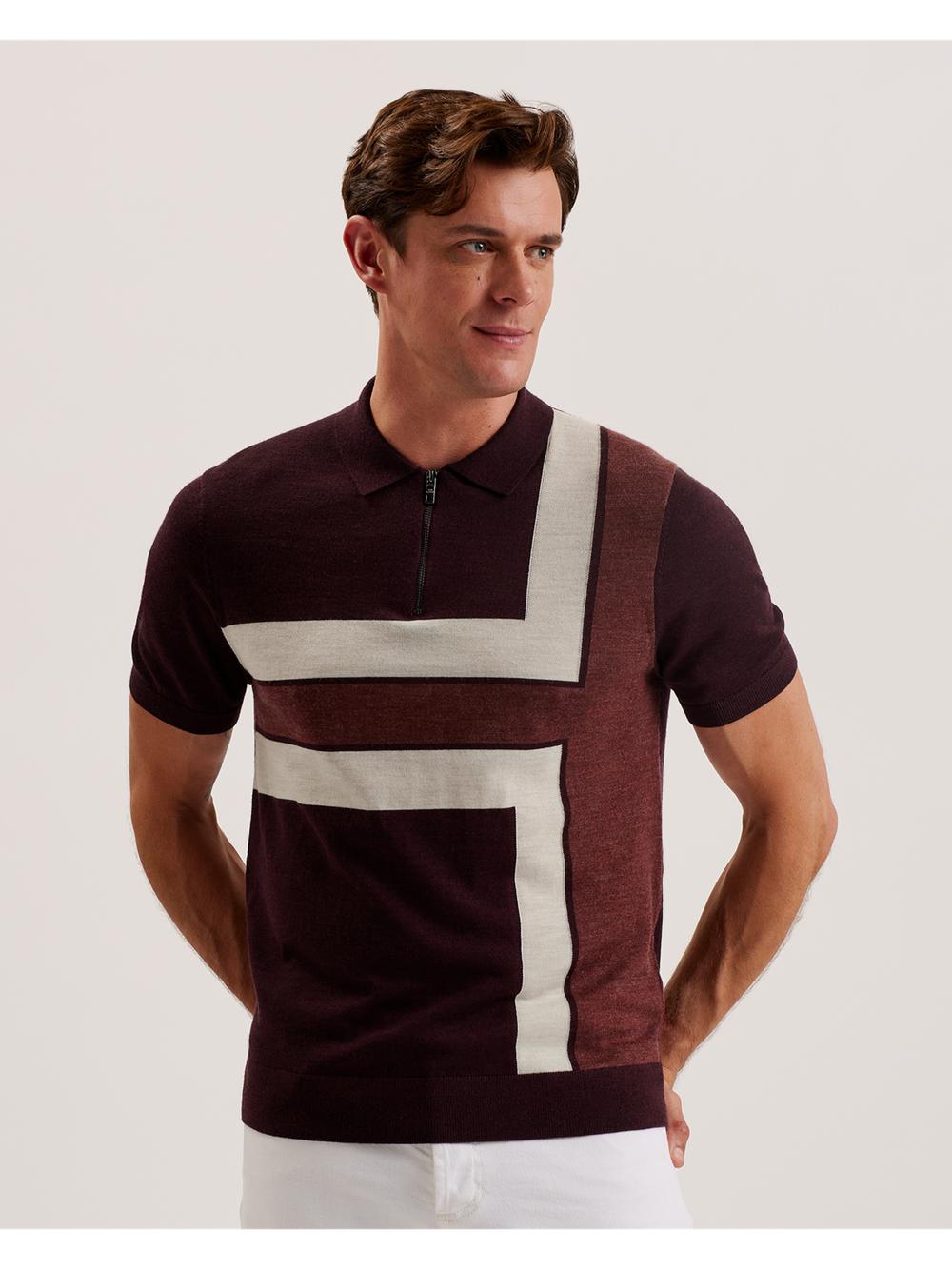 Maroon Ted Baker AMBLER - Colour Block Zip Neck Wool Men Polos Shirts | Ireland  0437-GTACH