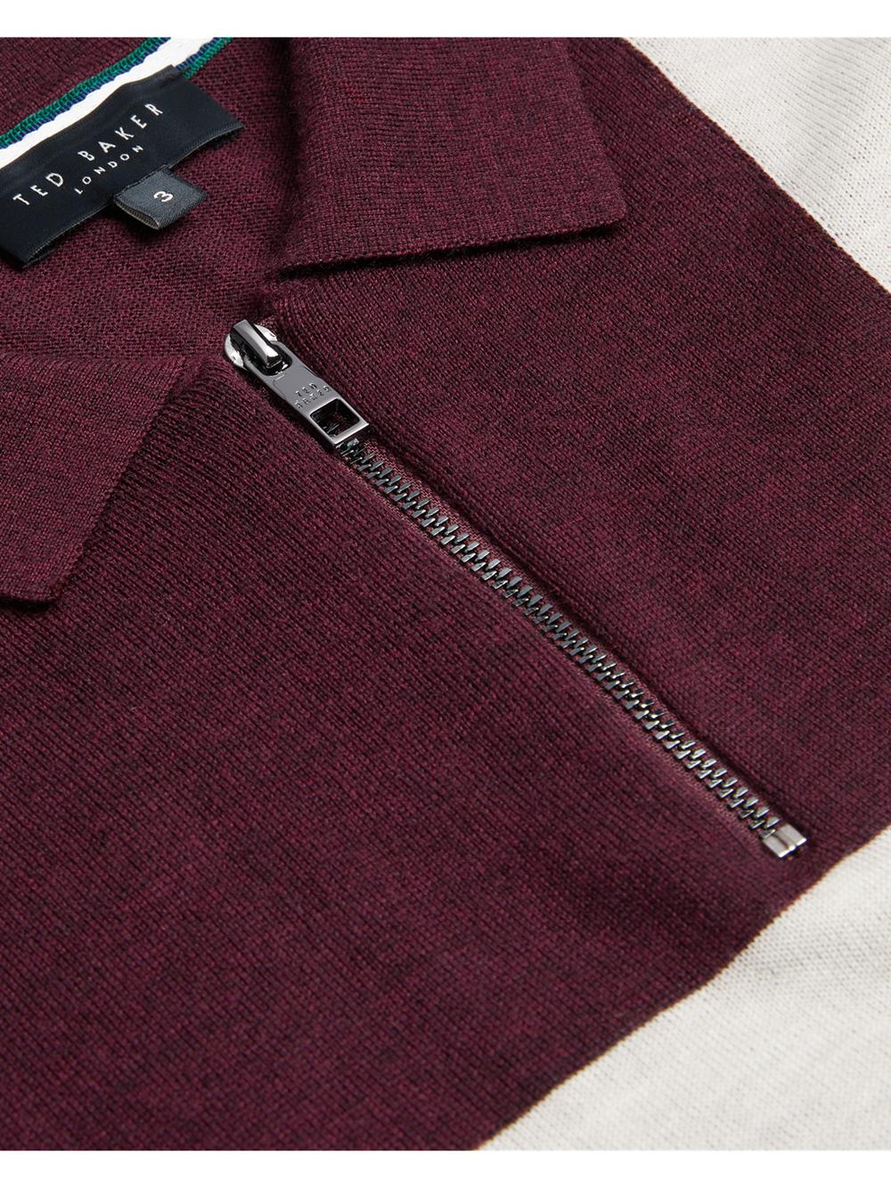 Maroon Ted Baker AMBLER - Colour Block Zip Neck Wool Men Polos Shirts | Ireland  0437-GTACH