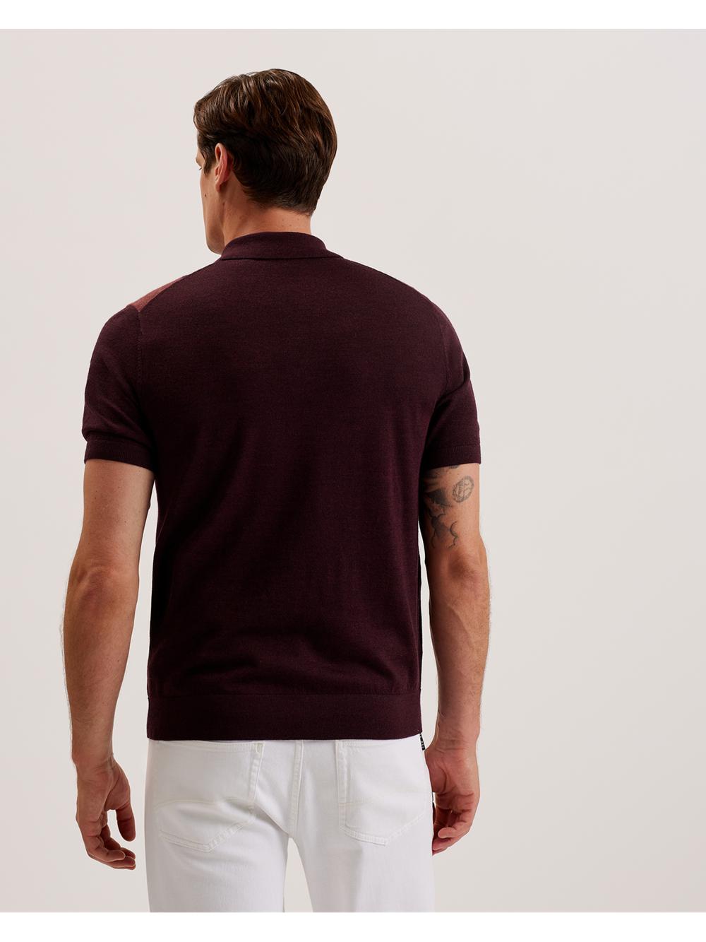 Maroon Ted Baker AMBLER - Colour Block Zip Neck Wool Men Polos Shirts | Ireland  0437-GTACH
