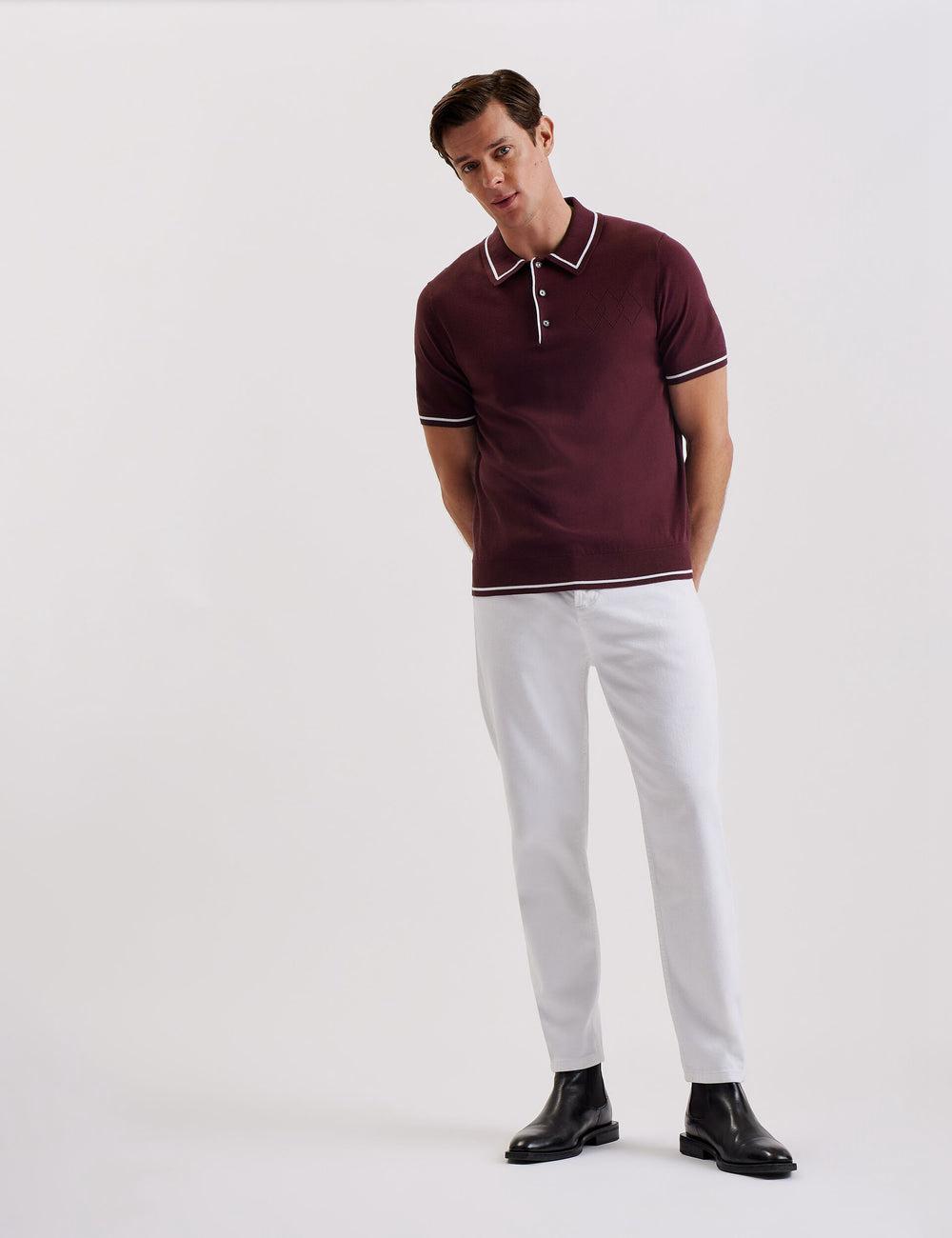 Maroon Ted Baker DUNOW - Pointelle Detail Striped Trim Men Polos Shirts | Ireland  6813-RQYWS