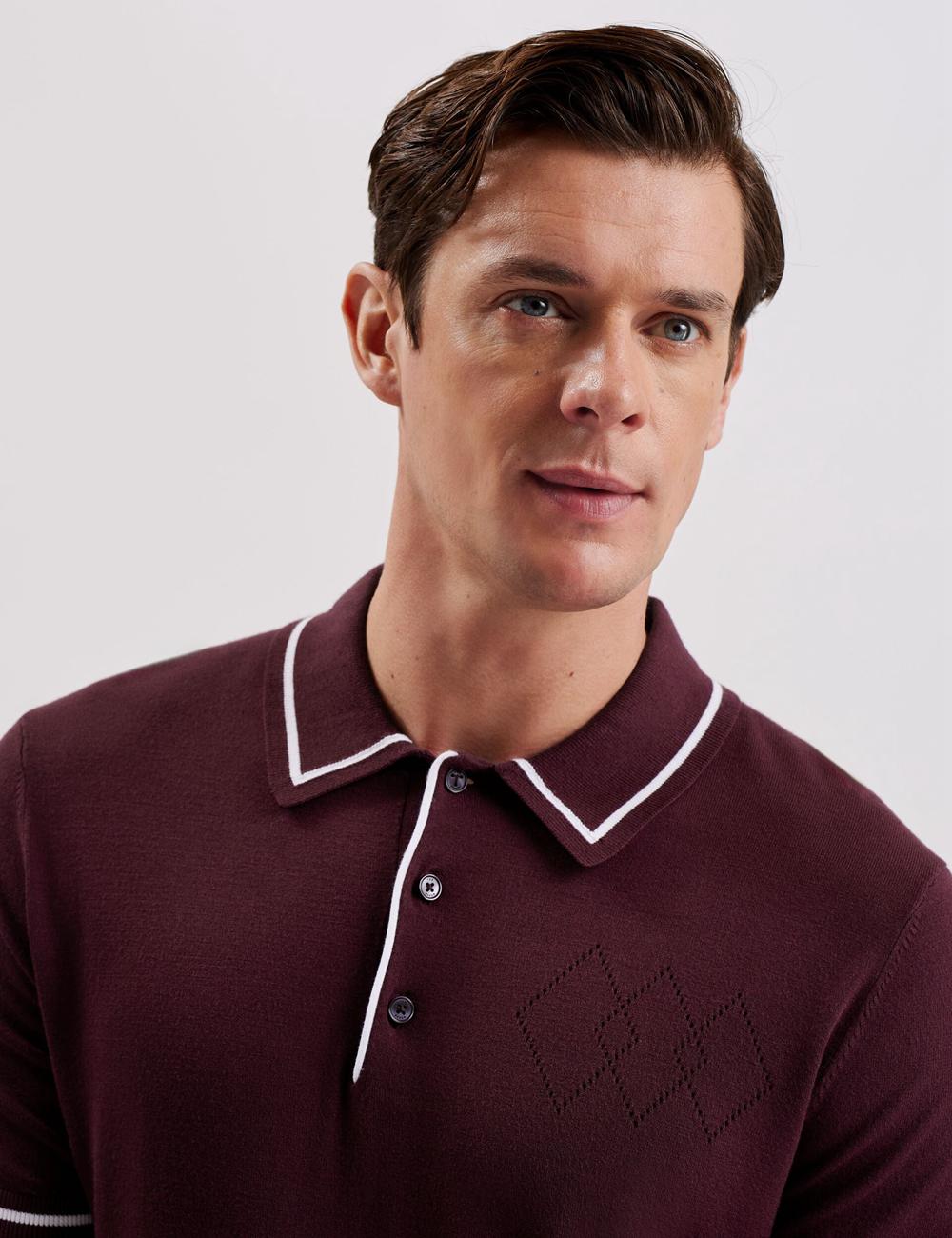 Maroon Ted Baker DUNOW - Pointelle Detail Striped Trim Men Polos Shirts | Ireland  6813-RQYWS