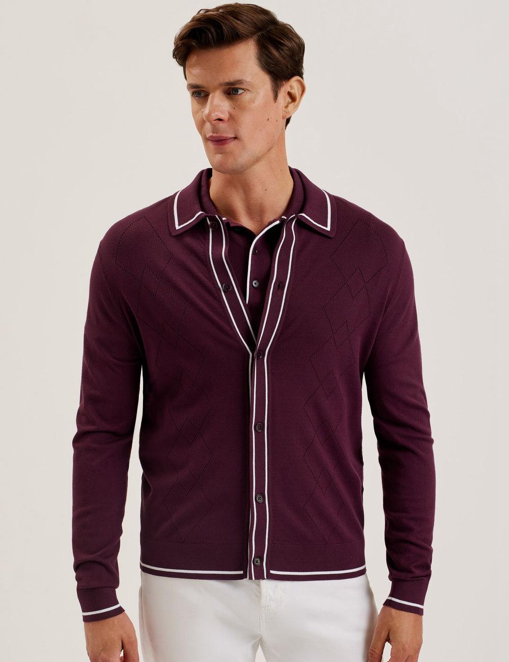 Maroon Ted Baker ELMDON - Pointelle Diamond Knitted Long Sleeve Men Casual Shirts | Ireland  6352-NCSPV