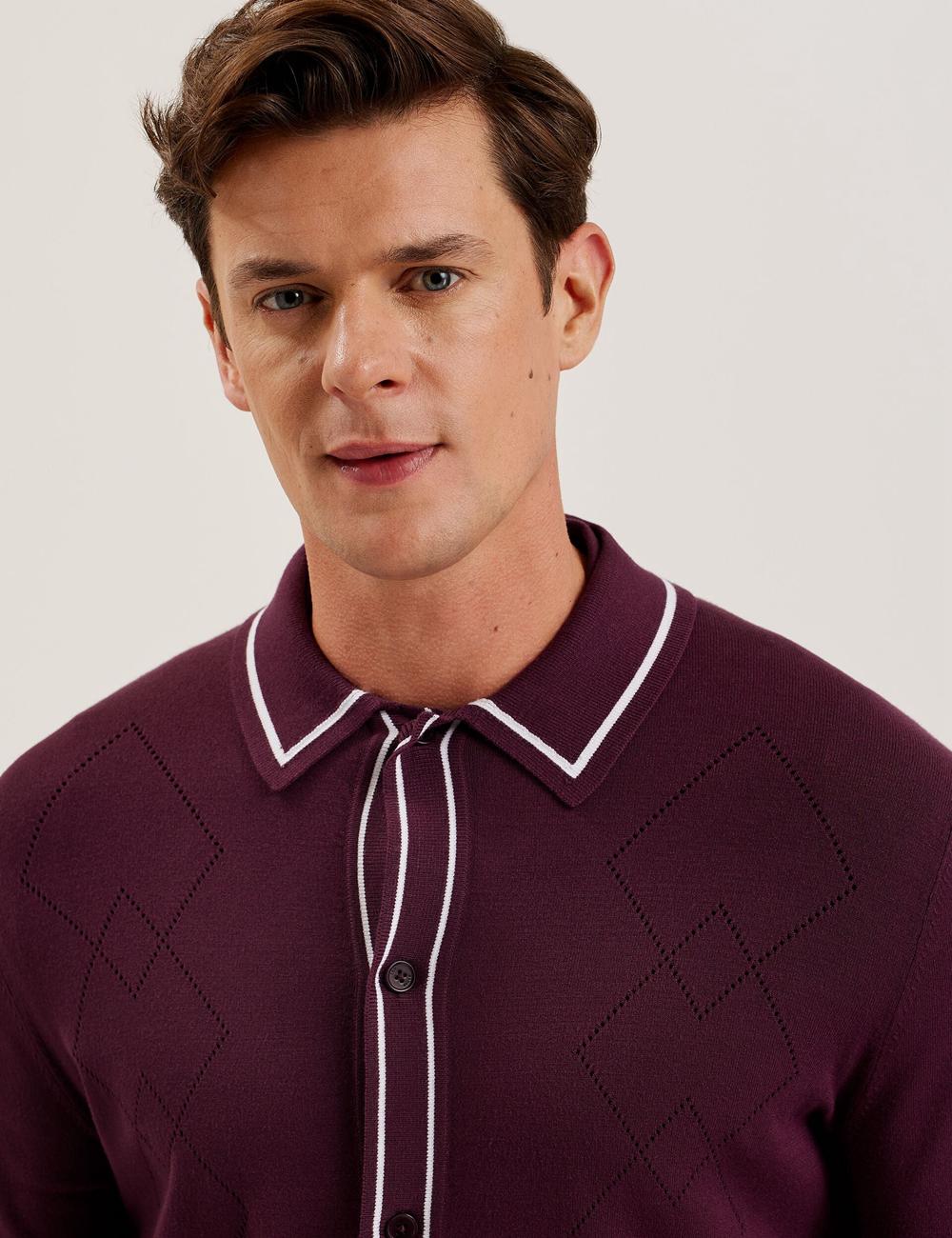 Maroon Ted Baker ELMDON - Pointelle Diamond Knitted Long Sleeve Men Casual Shirts | Ireland  6352-NCSPV