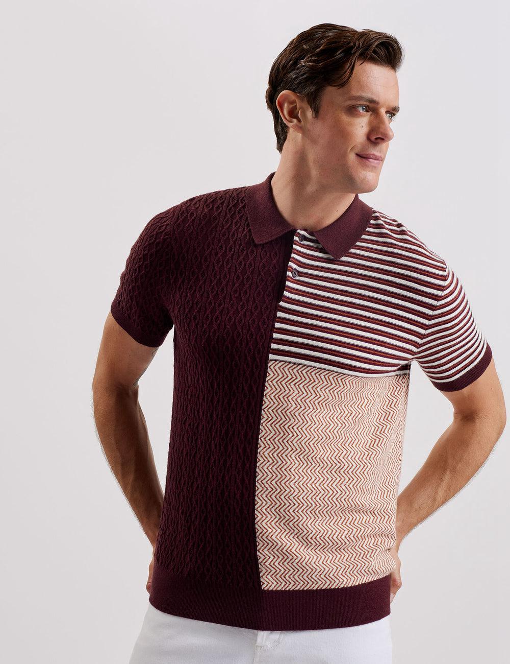 Maroon Ted Baker MINSTA - Textured Patchwork Knit Men Polos Shirts | Ireland  7085-VSJGI