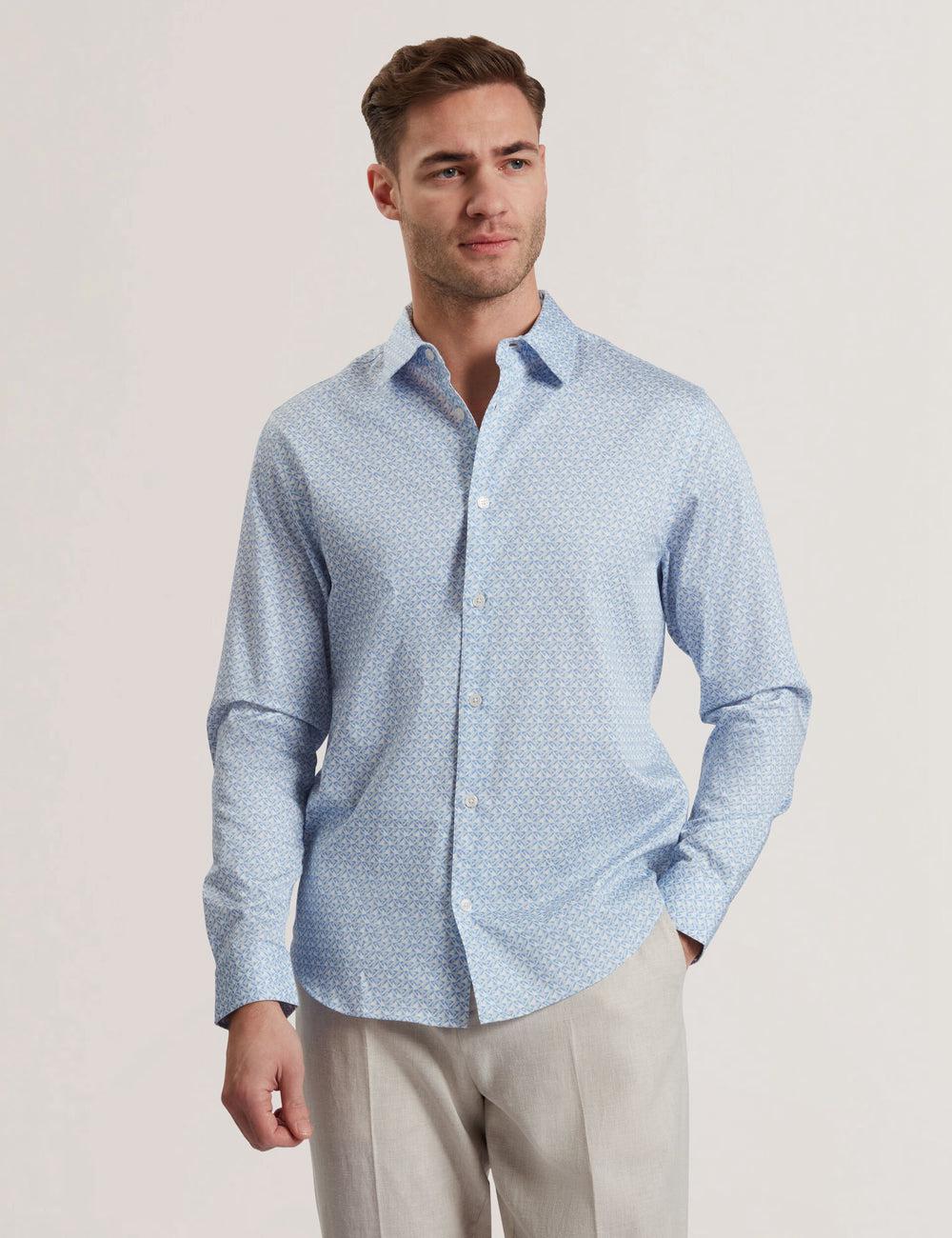 Mid-Blue Ted Baker ALPHAIS - Regular Fit Geometric Pure Cotton Men Casual Shirts | Ireland  3214-ICKHM