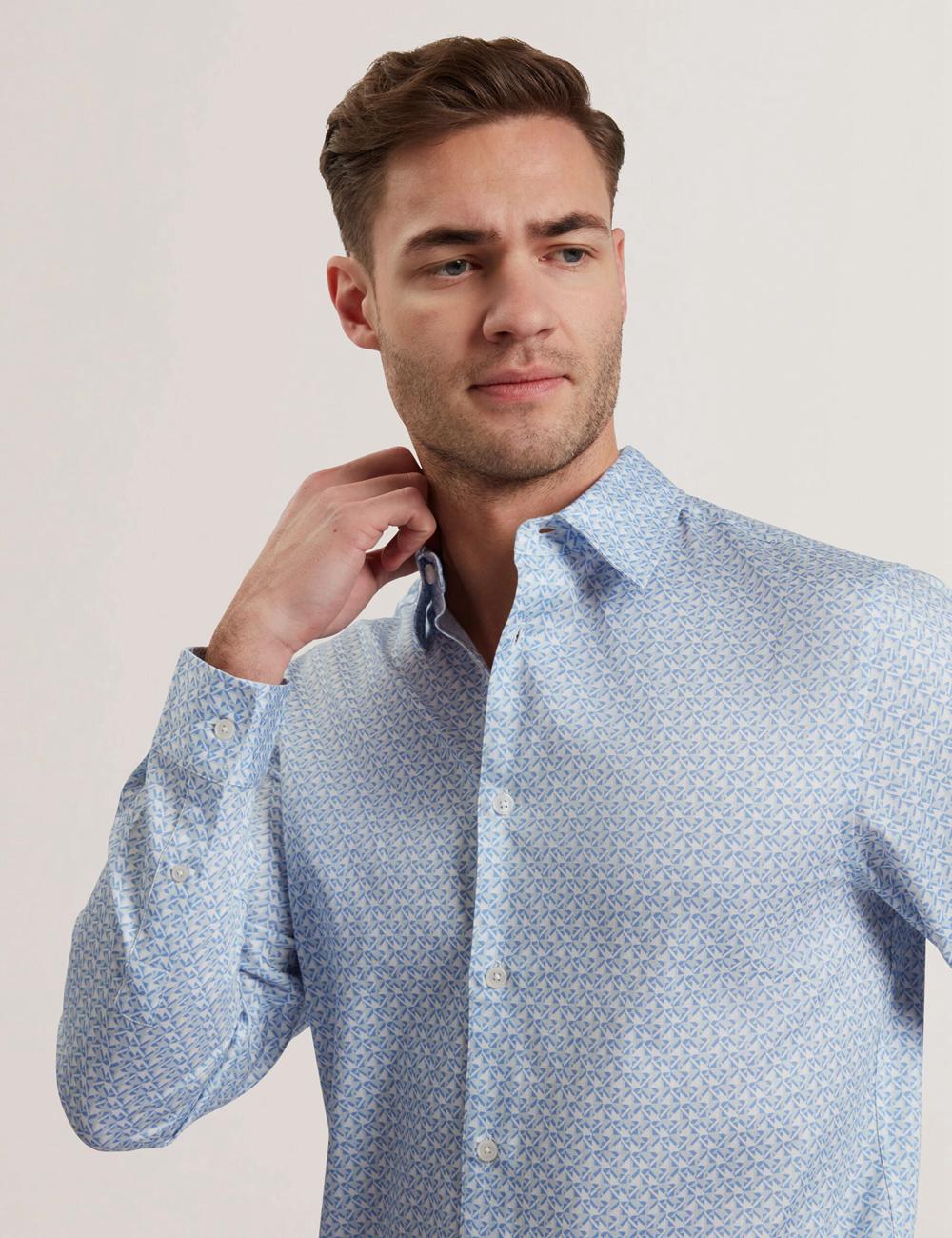 Mid-Blue Ted Baker ALPHAIS - Regular Fit Geometric Pure Cotton Men Casual Shirts | Ireland  3214-ICKHM