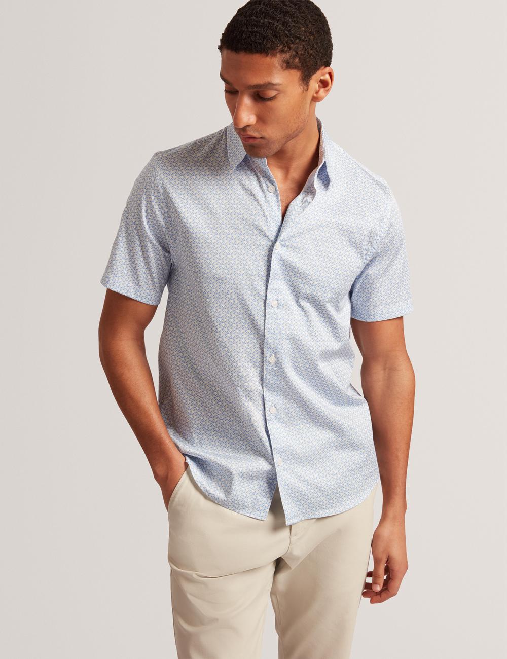 Mid-Blue Ted Baker ALPHSO - SS Regular Fit Geo Men Casual Shirts | Ireland  3845-LBETU