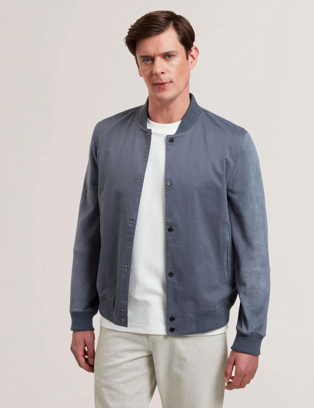 Mid-Blue Ted Baker LIAMS - Cotton Twill & Suede Bomber Men Jackets | Ireland  7296-MHYDC