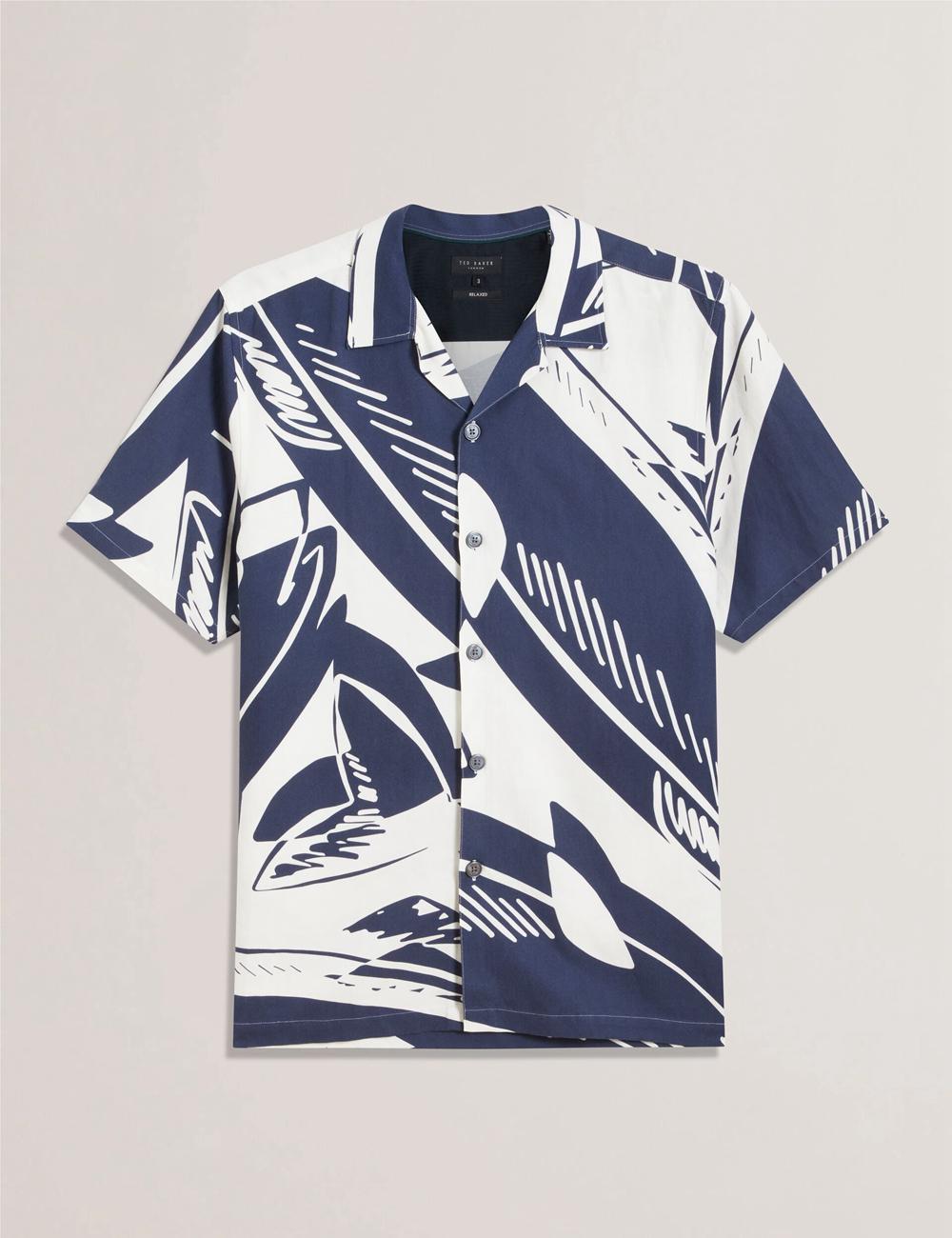 Mid-Navy Ted Baker HEUKELS - Short Sleeve Relaxed Fish Print Men Casual Shirts | Ireland  2739-CRWKS