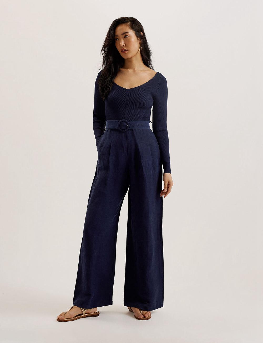 Navy Ted Baker AGATEA - Off Shoulder Belted Wide Leg Women Jumpsuits | Ireland  3175-CFUAB