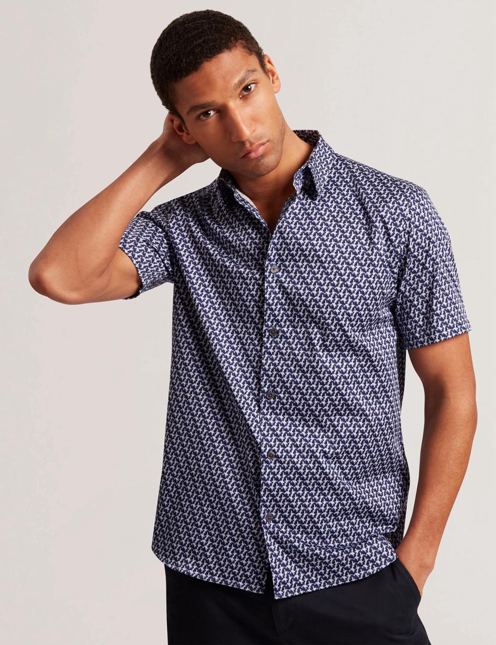Navy Ted Baker ALPHSO SS Regular Fit Geo Men Casual Shirts | Ireland  3076-TLMXV