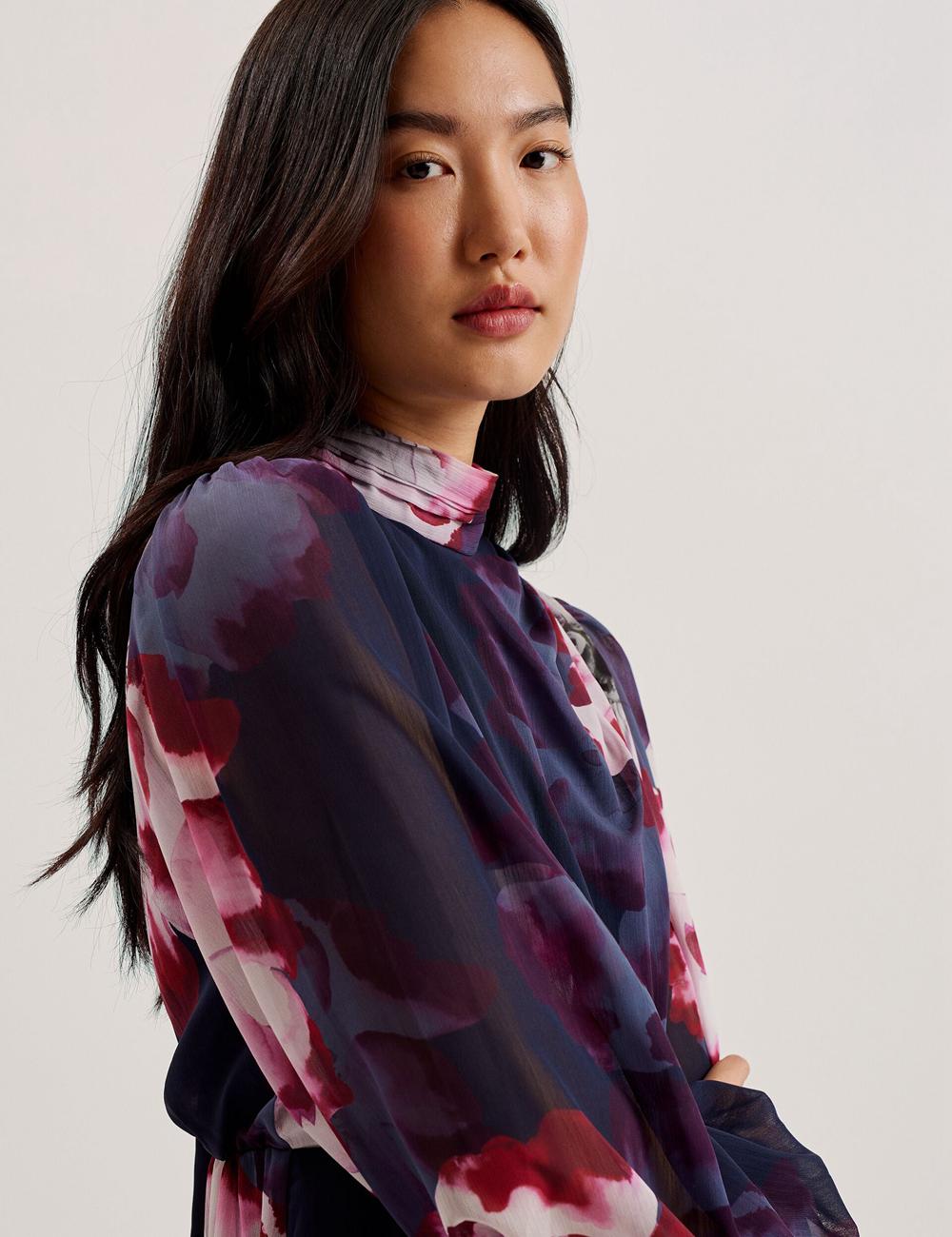 Navy Ted Baker ARACELY - Floral High Neck Long Sleeve Women Mini Dresses | Ireland  5621-DXBCF