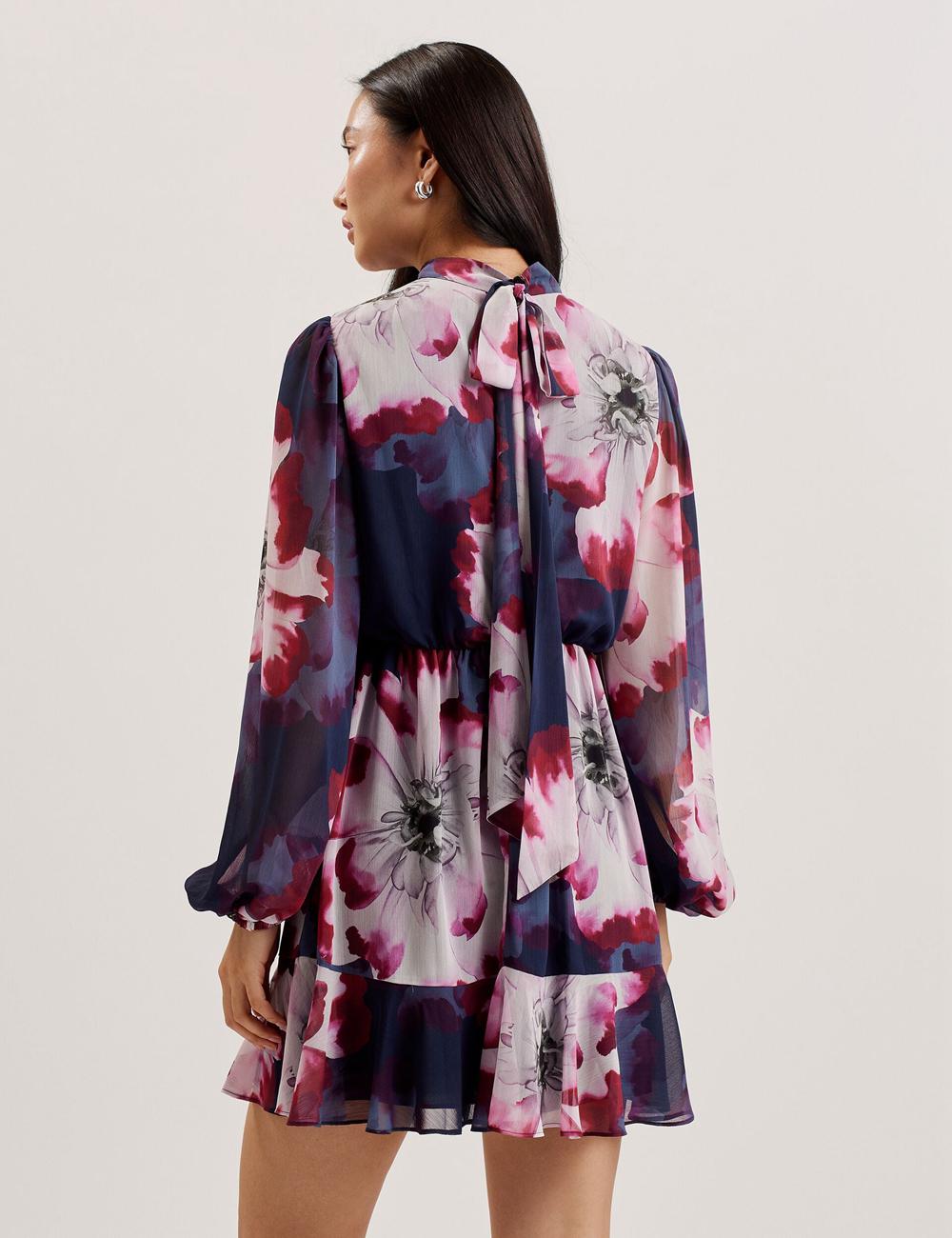 Navy Ted Baker ARACELY - Floral High Neck Long Sleeve Women Mini Dresses | Ireland  5621-DXBCF