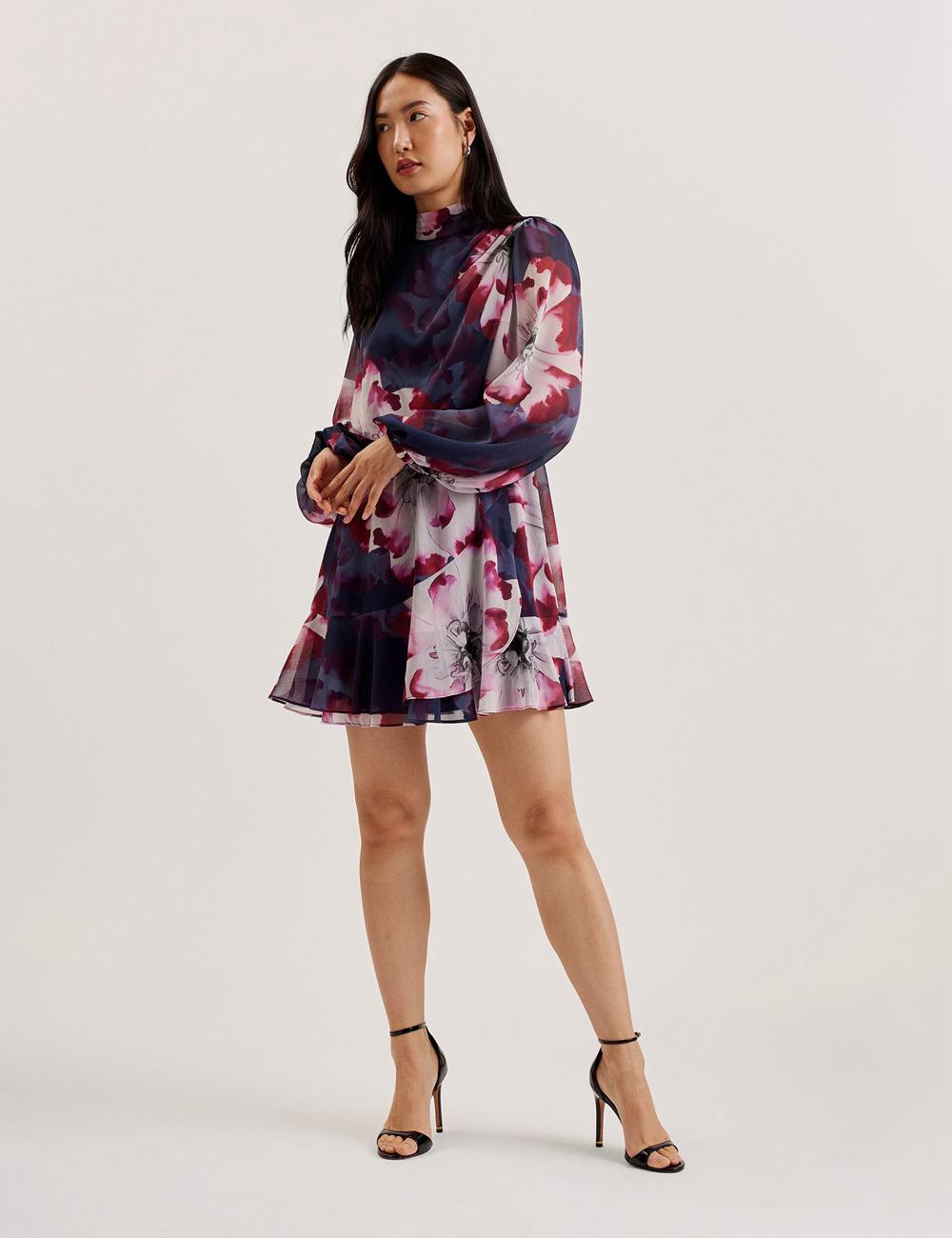 Navy Ted Baker ARACELY - Floral High Neck Long Sleeve Women Mini Dresses | Ireland  5621-DXBCF
